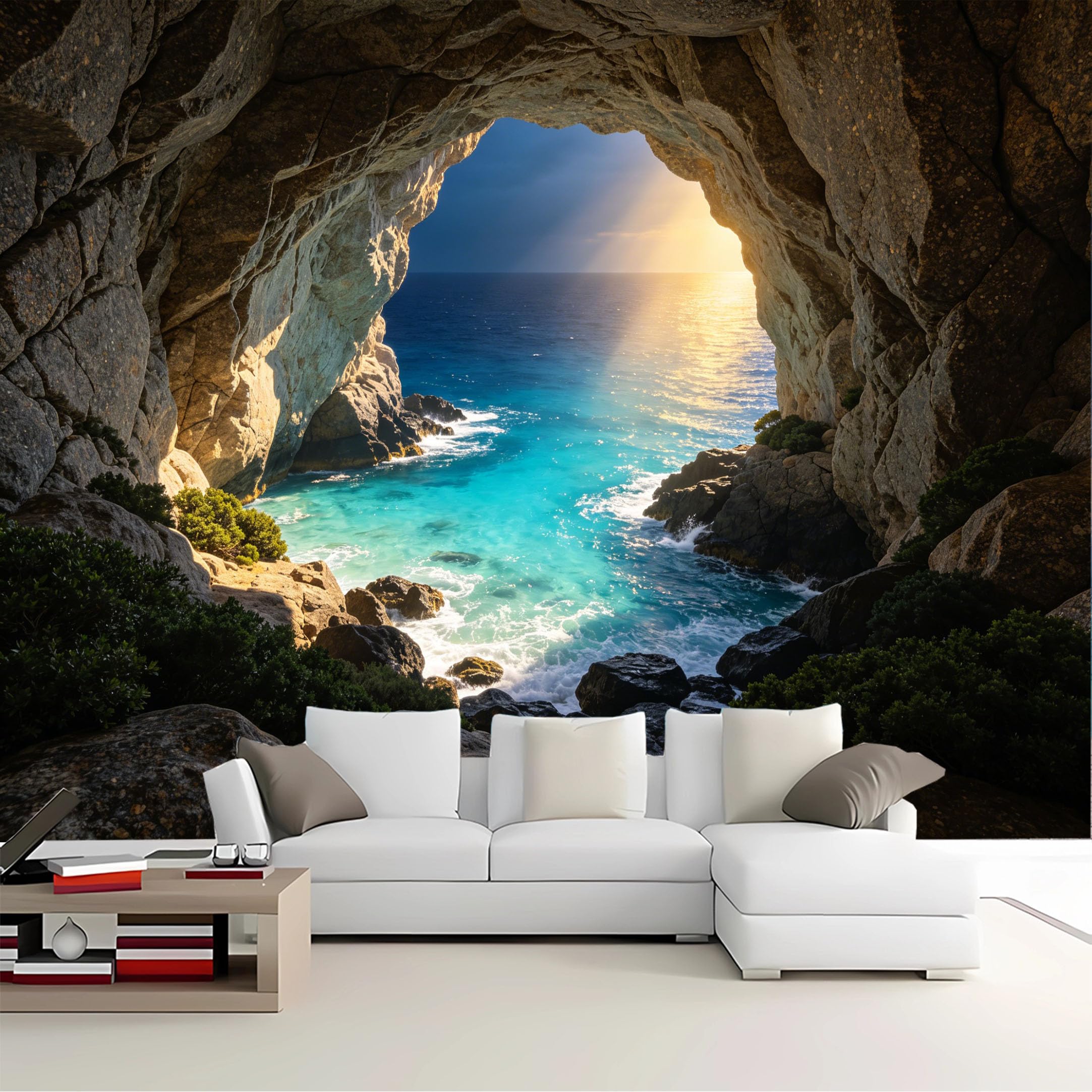 Custom Size Wall Mural Cave View Ocean Sunlight Removable Self Adhesive Peel and Stick Wallpaper for Bedroom Living Room Dining Room