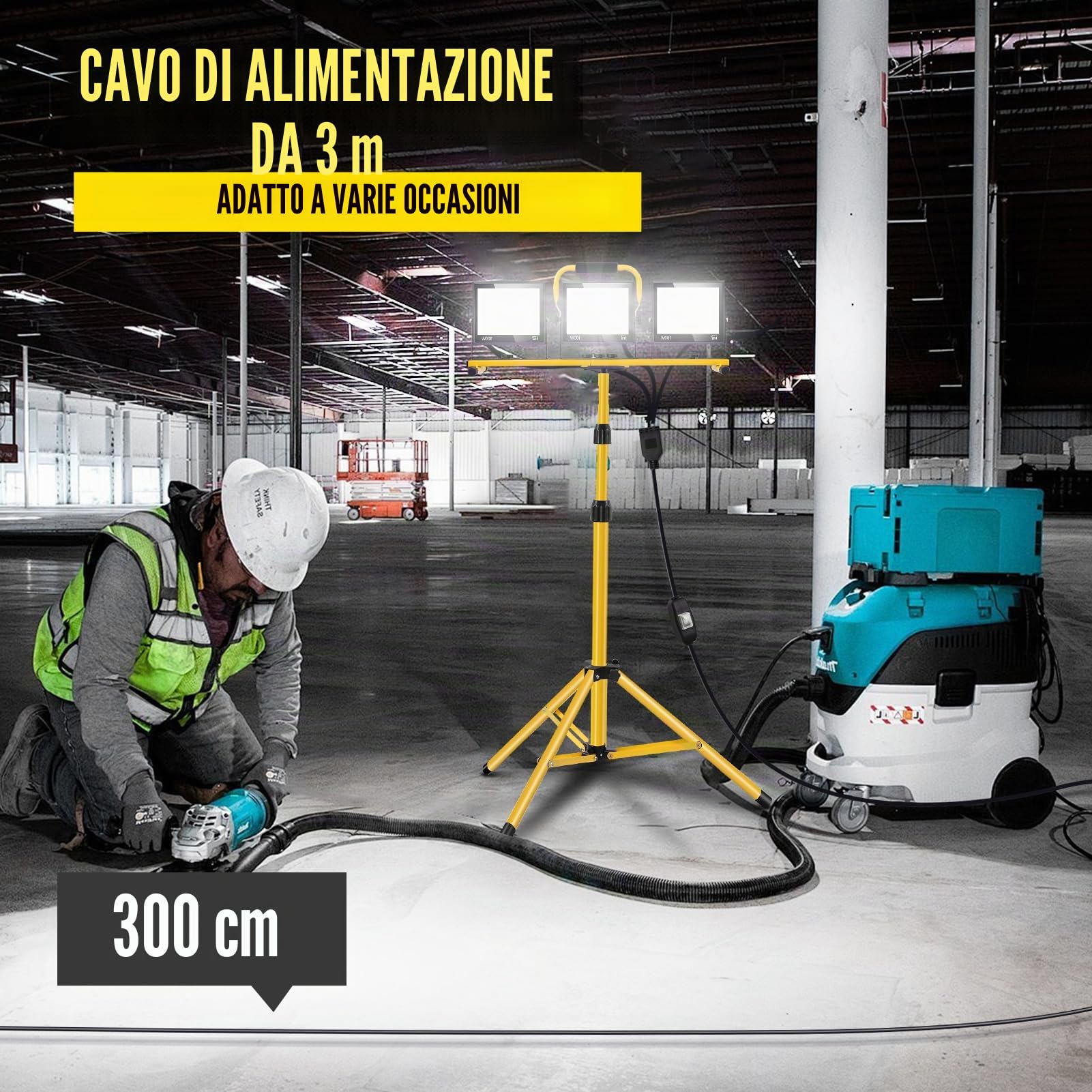 Faretto da Cantiere com Treppiede Telescopico 300W, 30000LM 6500K Faro LED da Cantiere Portatile, Luce Bianca 6500K IP66 Impermeabile Faretto Lavoro con Cavo 3m, Rotazione 360°