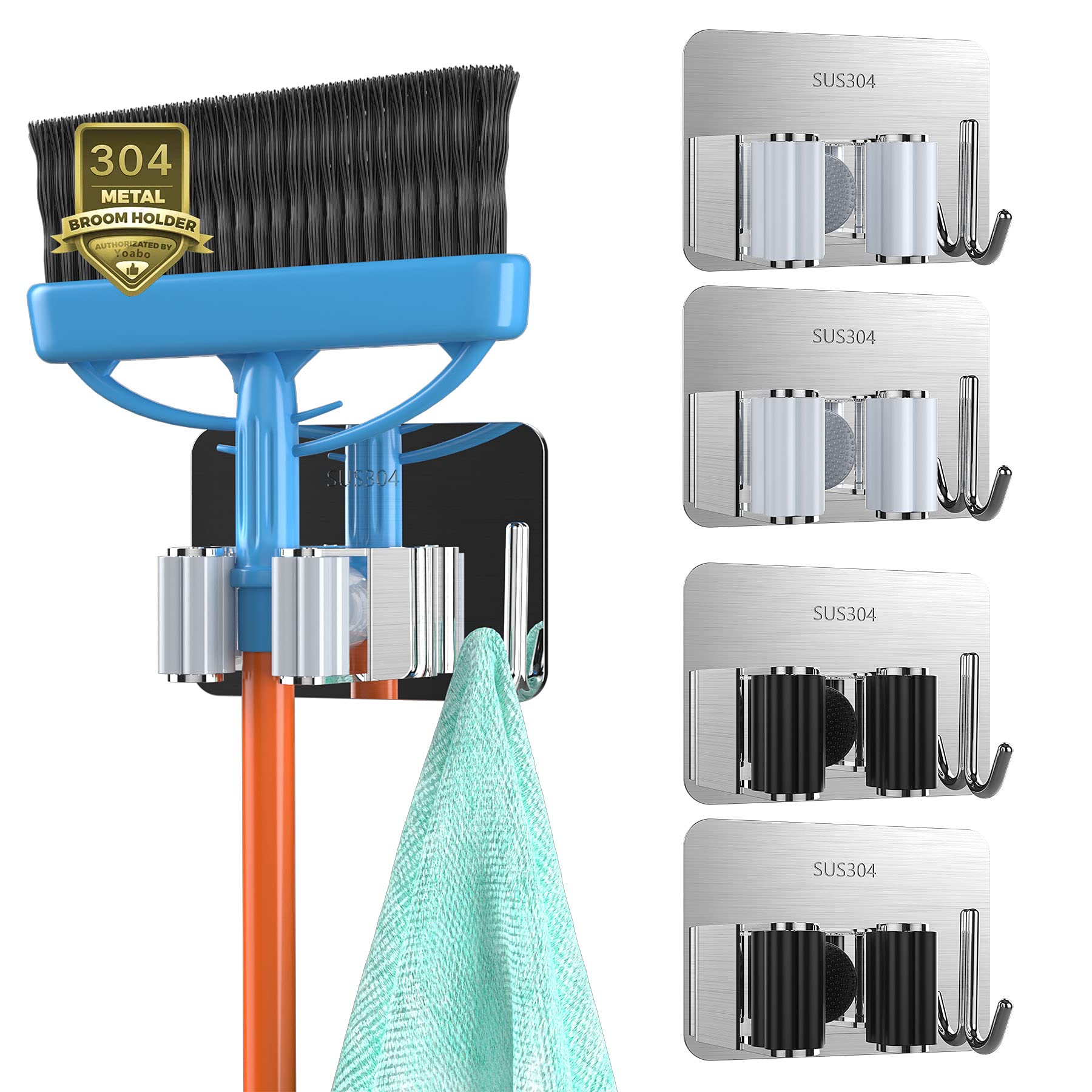 Yoabo Mop Broom Holder Wall Mounted No Drill丨304 Stainless Steel Heavy Duty Adhesive Hooks Hanger Commercial Organizer丨Broom Gripper for Door Pantry Garage Wall Kitchen (4 Count) (B0967TQ2M5) Amazon Price History, Amazon Price Tracker