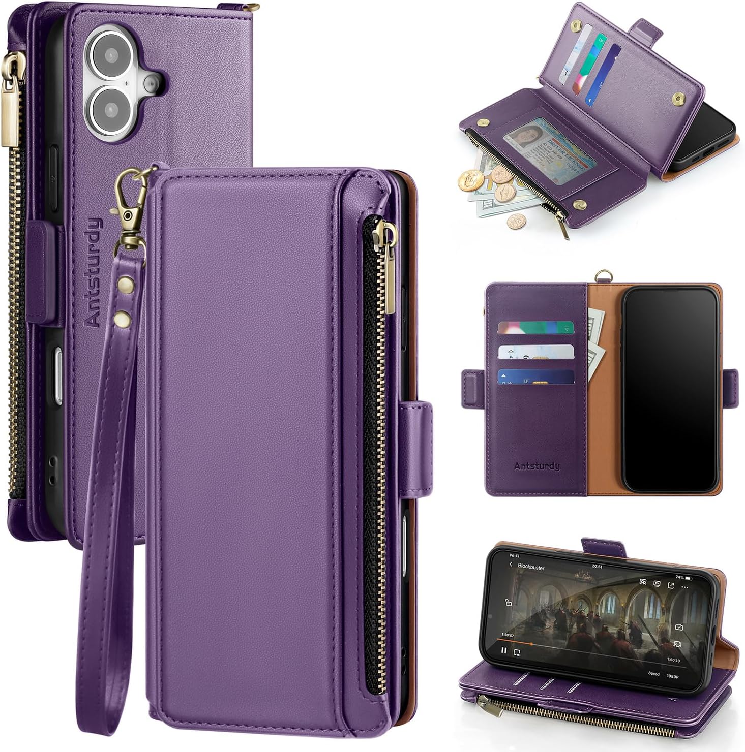 Antsturdy Compatible with iPhone 17 Wallet Case Women,RFID Blocking PU Leather Phone Case Men Kickstand Flip Folio Cover Wrist Strap Zipper Credit Card Holder Slots for Apple 17 6.3",Purple