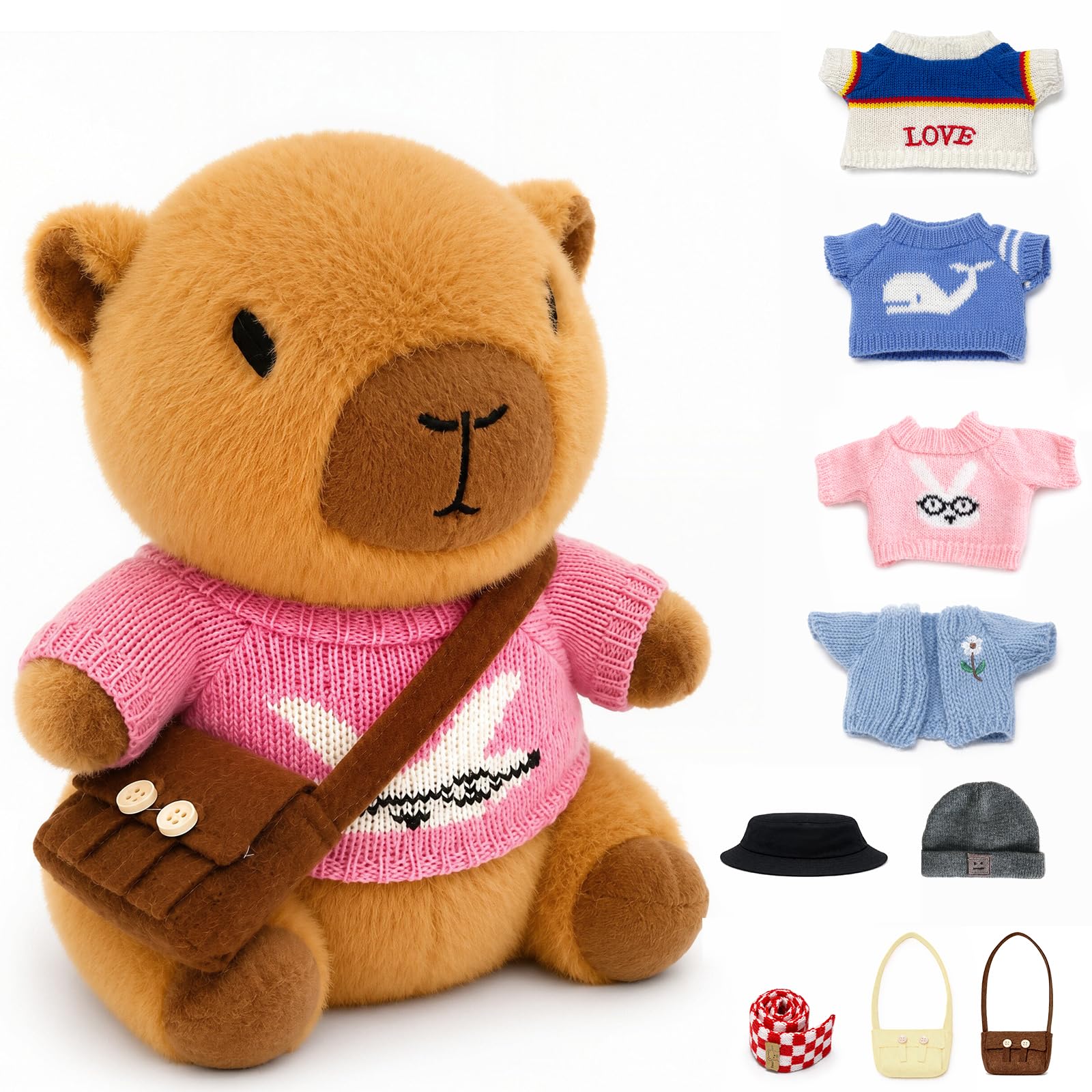 TITQWOP 10.2" Brown Capybara Plush Toy with 9 Clothes and Accessories Super Soft Capybara Stuffed Animal for Kids Girls Boys (Blue Capybara) — image 1