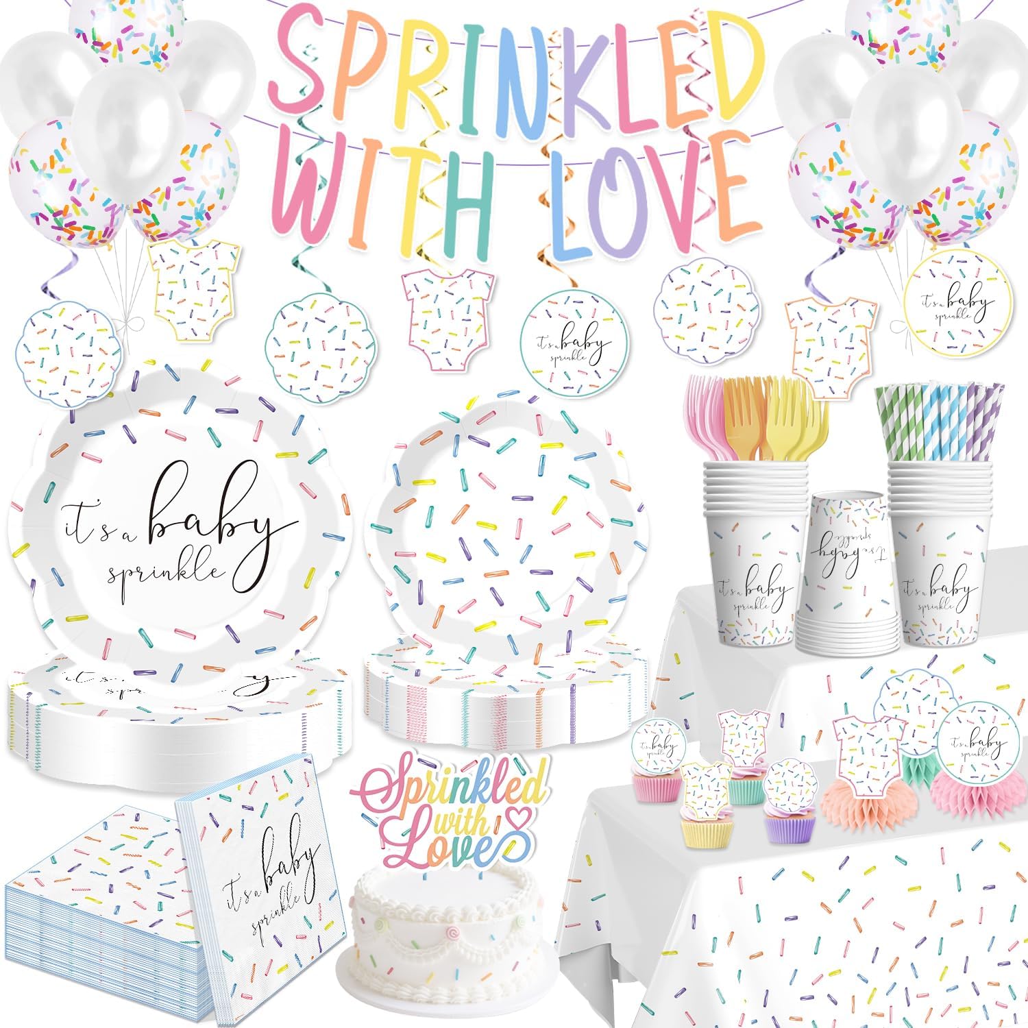 Xynic 191Pcs Baby Sprinkle Decorations Set with Petal-shaped Plates, Napkins, Serves 25, 2 Tablecloths, Sprinkled with Love Baby Shower Banner, Cake Topper, for Baby Sprinkle Decorations for Girl