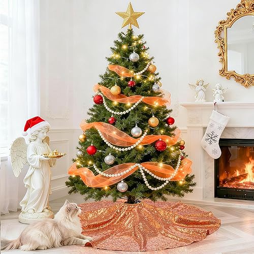 Miniatura 36 de Falda de árbol de Navidad de lentejuelas: Falda de árbol de bronce de 24 pulgadas, falda de satén con lentejuelas Falda de árbol pequeño