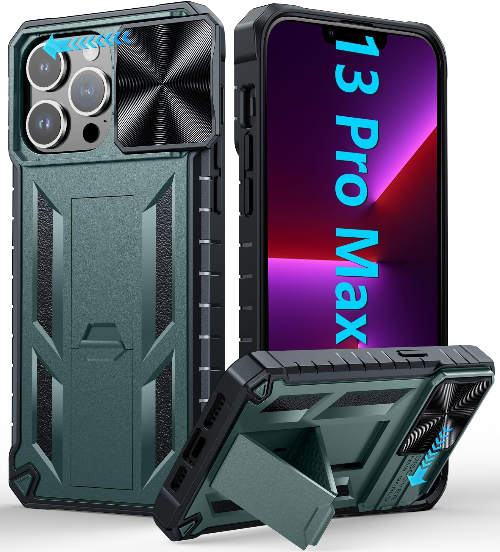 SOiOS for Dark Green Phone Case for iPhone 13-Pro-Max Cell Phone Cover | Military Grade, Dropproof, Protective, with Kickstand, Slider, Rugged, Heavy Duty, Protection, Phonecase