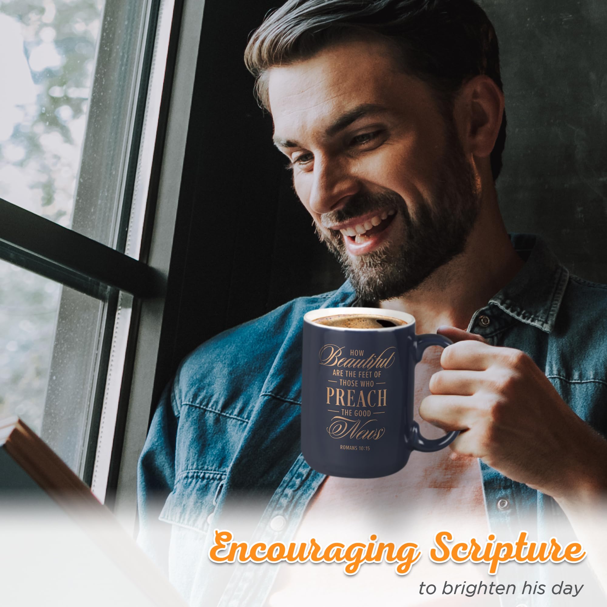 Christian Art Gifts Large Matted Ceramic Coffee & Tea Mug for Pastors: Preach the Good News Golden Inspirational Scripture, Lead & Cadmium-free Sturdy Novelty Mens Drinkware, Navy Blue & White, 14 oz.