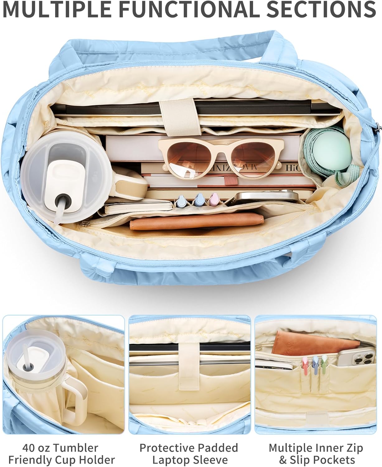 Puffer Tote Bag for Women, Lightweight Puffy Work Handbag Teacher Nurse Quilted Shoulder Bag for School Travel Gym | Cloud Bag w/ Zipper, Daily College Bags, 15.6" Computer Bag, Clinical Nursing Bag, 40 OZ Tumbler Holder, Ideal Gift for Women - Image 4