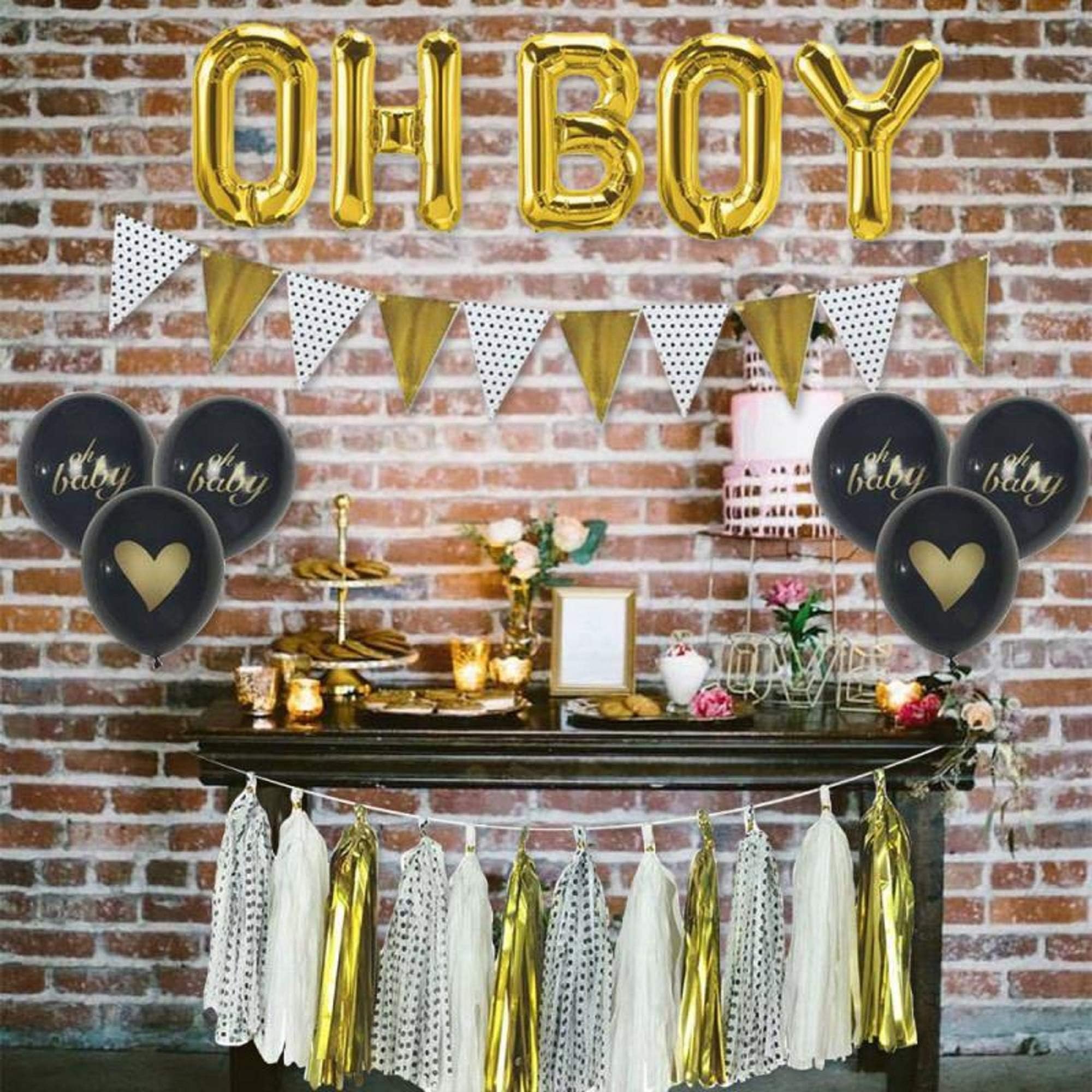 baby boy shower decorations, My little man baby shower decorations, baby brewing baby shower, black white and gold baby decor, Set Includes: Triangle Banner, Oh boy Balloons, Tassels, Latex Balloons