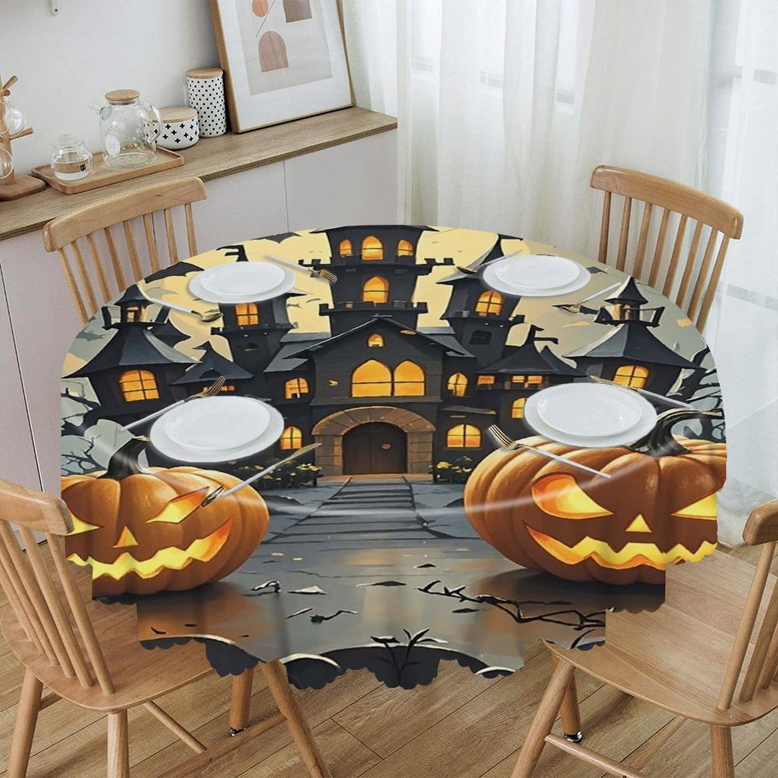 FekiLoot Pumpkin Lantern Castle Round Tablecloths 60 Inch Resistant Washable Polyester Table Cloth Style Decorative Circle Fabric Table Cover for Dining Kitchen Party Farmhouse Outdoor