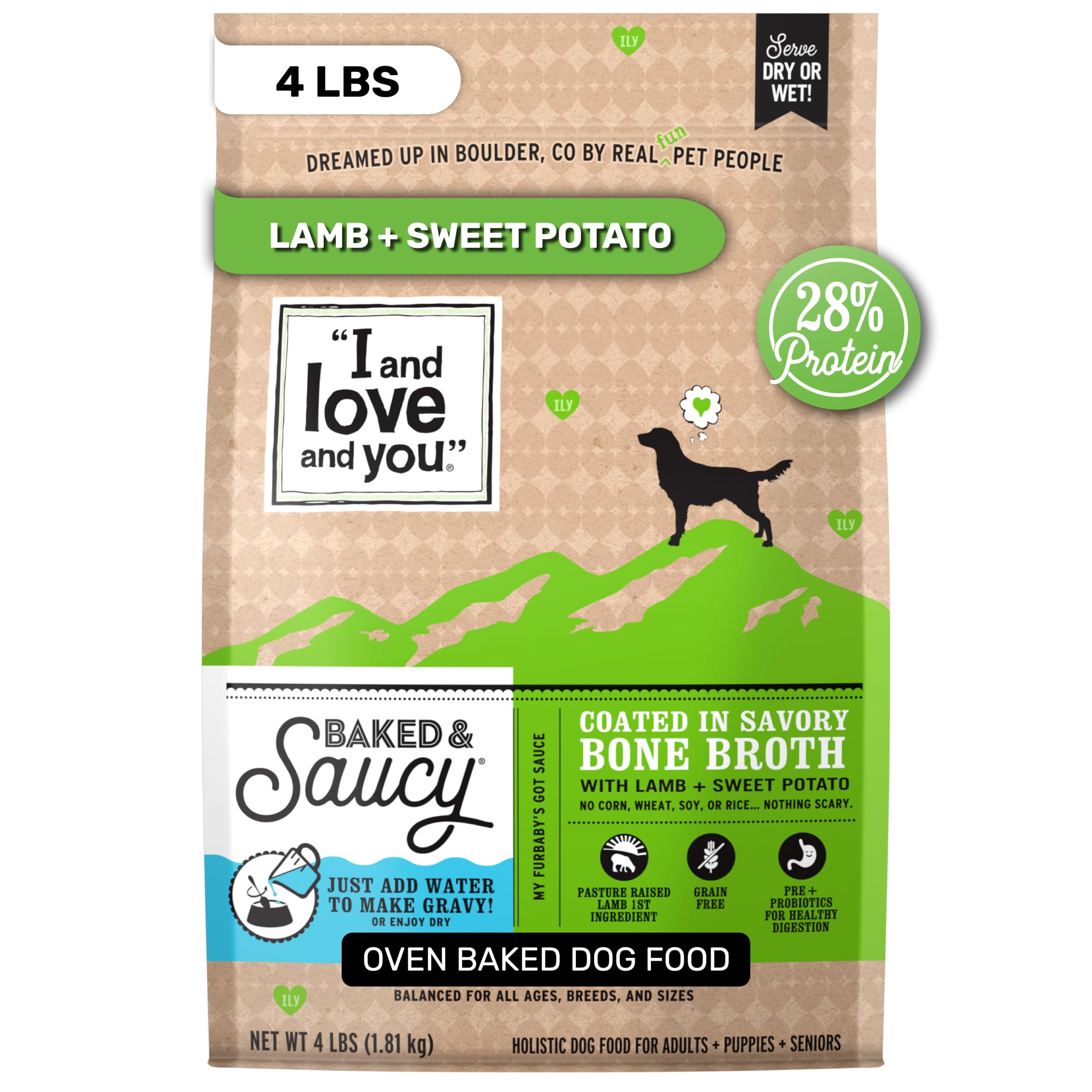 I AND LOVE AND YOU Baked and Saucy Dry Dog Food - Lamb + Sweet Potato - Prebiotic + Probiotic, Real Meat, Grain Free, No Fillers, 4lb Bag