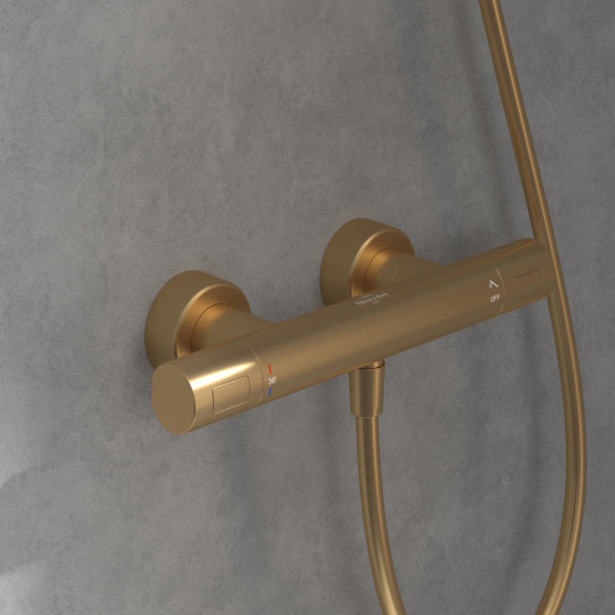 Villeroy & Boch Universal Taps & Fittings - Termostato de ducha con protección antiquemaduras y bloqueo de seguridad a 38°, grifo mezclador de ducha, redondo, color dorado cepillado