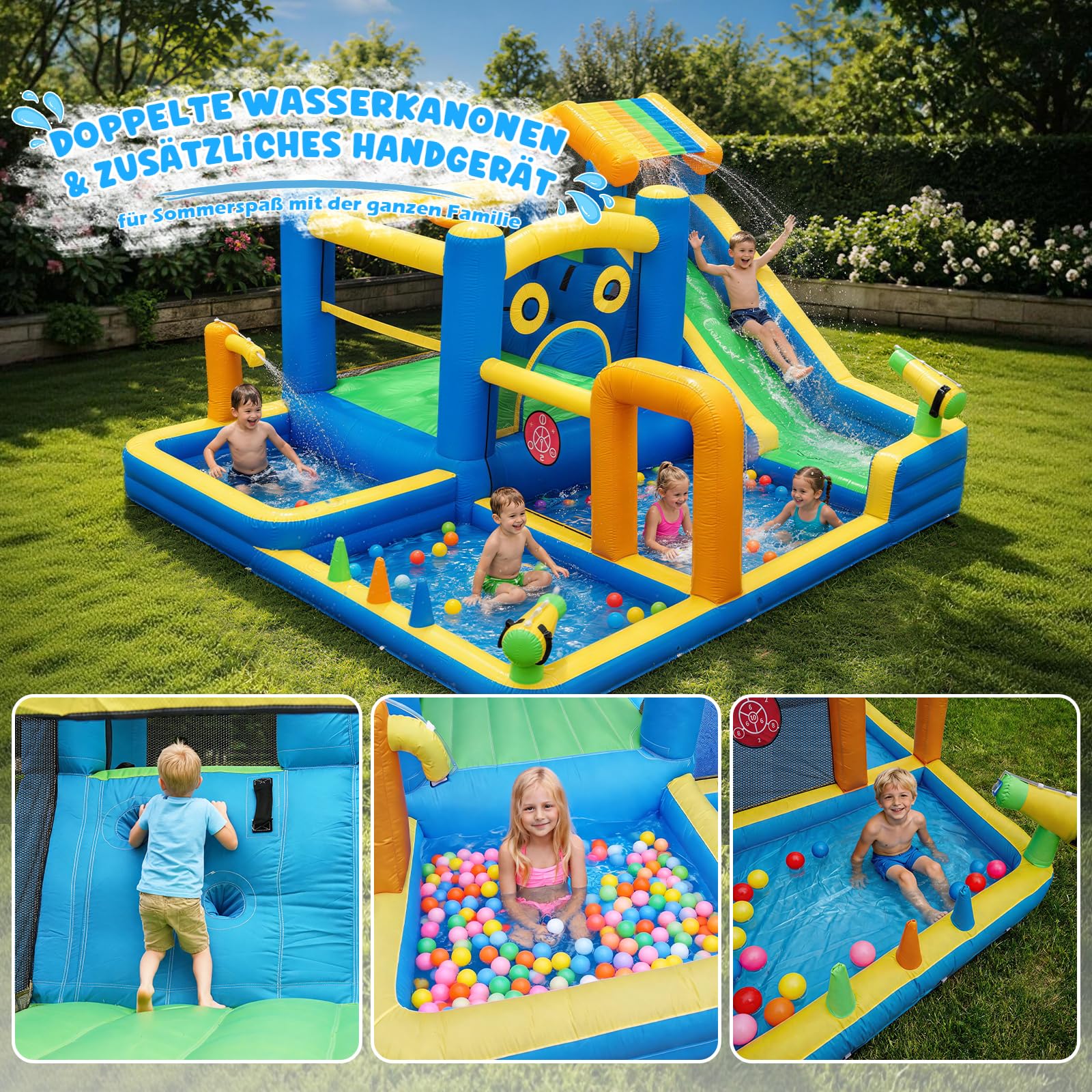 Casa di rimbalzo per bambini, AONESY Castello di rimbalzo gonfiabile con scivolo d'acqua, spruzzatori d'acqua, arrampicata, salto, Area di calcio e canestro per il cortile all'aperto dell'interno