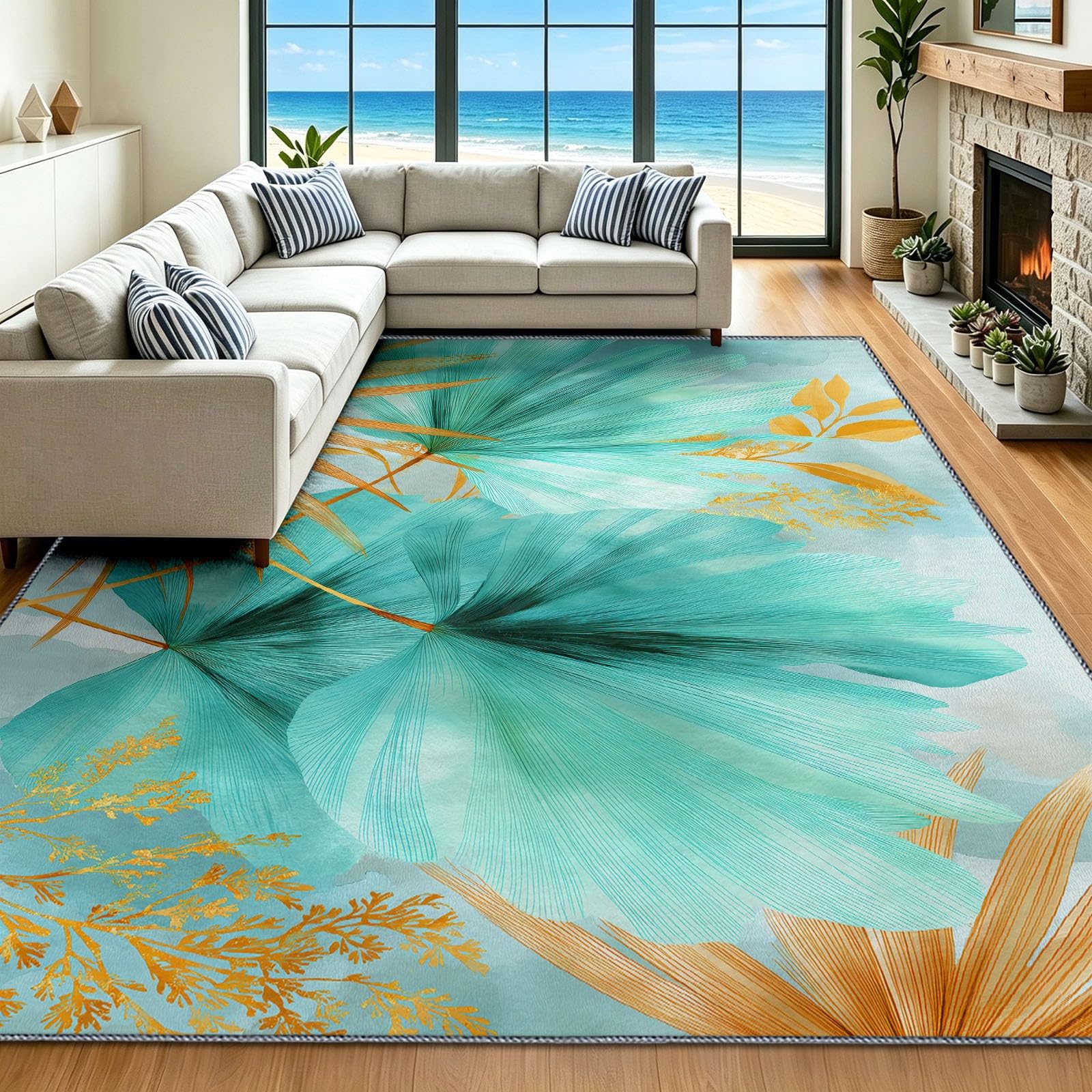 Alfombra de entrada interior de 60x90 cm lavable y antideslizante con hojas de acuarela