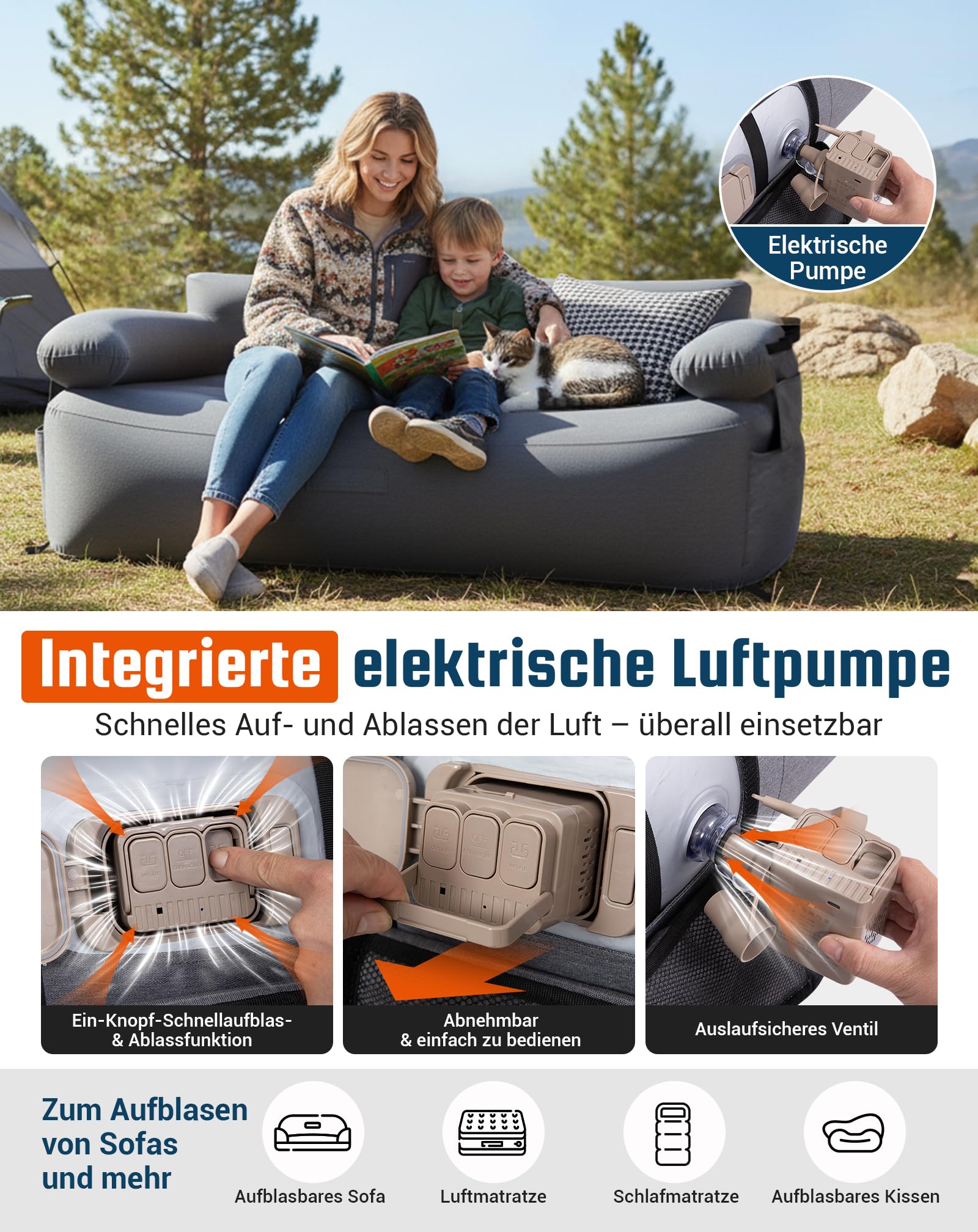 KingCamp Aufblasbares Sofa Camping mit Elektropumpe, 400 kg Belastbar Luftsofa Outdoor, Tragbarer Doppel Camping Couch Aufblasbar, Wasserdichtes Luft Sofa für 2 Personen, Reisen Strand Garten, Grau