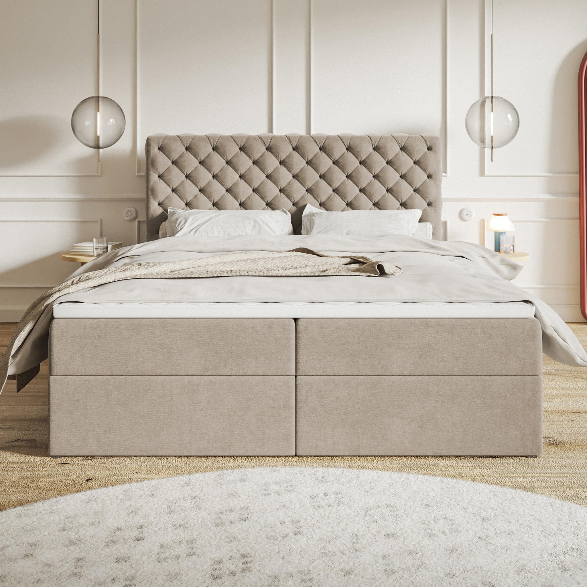 MOTIVENA Nero Chesterfield Boxspringbett 180x200 mit Bettkasten und Topper, Polsterbett 180x200 mit Bettkasten, Taschenfederkern-Matratze (H3), T28 Schaumstoff Topper (H3), Samt, Beige