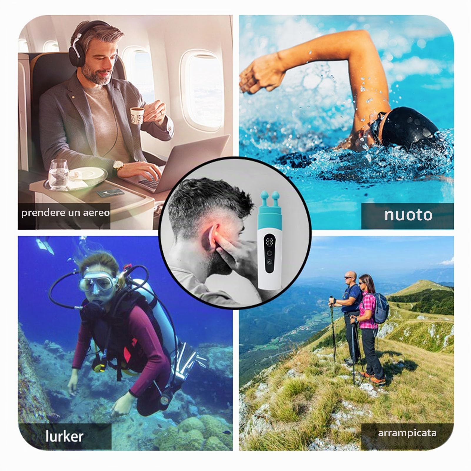 Dispositivo di Scarico Pressione Orecchio – Sbloccatore Tromba di Eustachio Bilanciato, Regolatore Pressione Auricolare per Volo, Immersioni, Nuoto, USB Ricaricabile con Doppia Tes