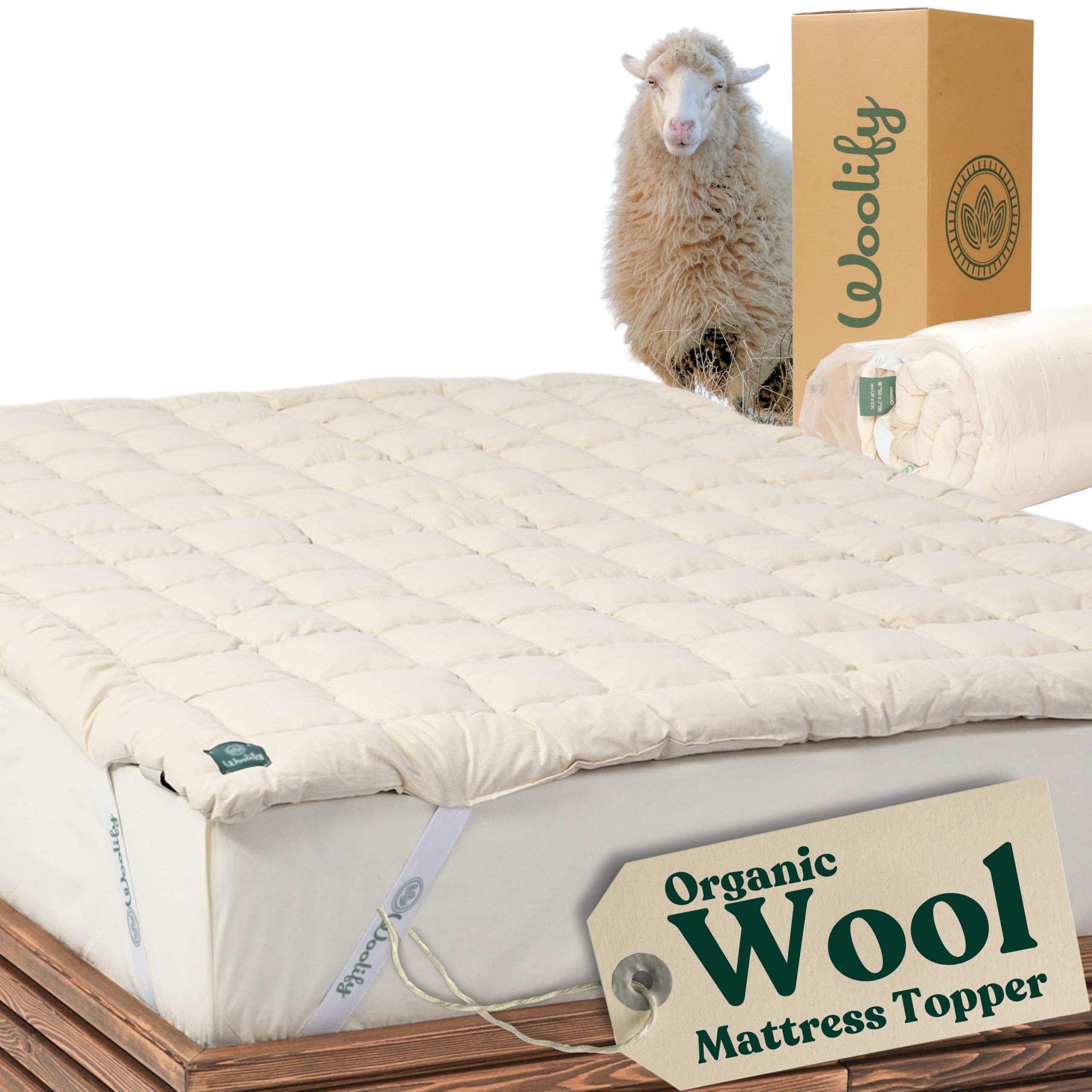 Organic Merino Wool Mattress Topper - Luxury Pillow Top Mattress Pad Handmade Non-Toxic Cooling Hypoallergenic Natural Back Pain