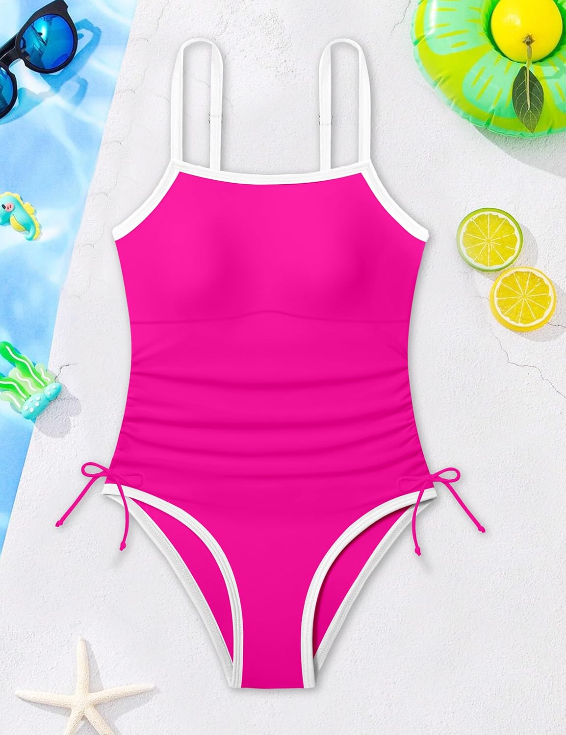 Girls Swimsuit One Piece Bathing Suit Color Block Strap Swimwear Drawstring Swimsuits for Teens 9-16Y with Padded - Image 6