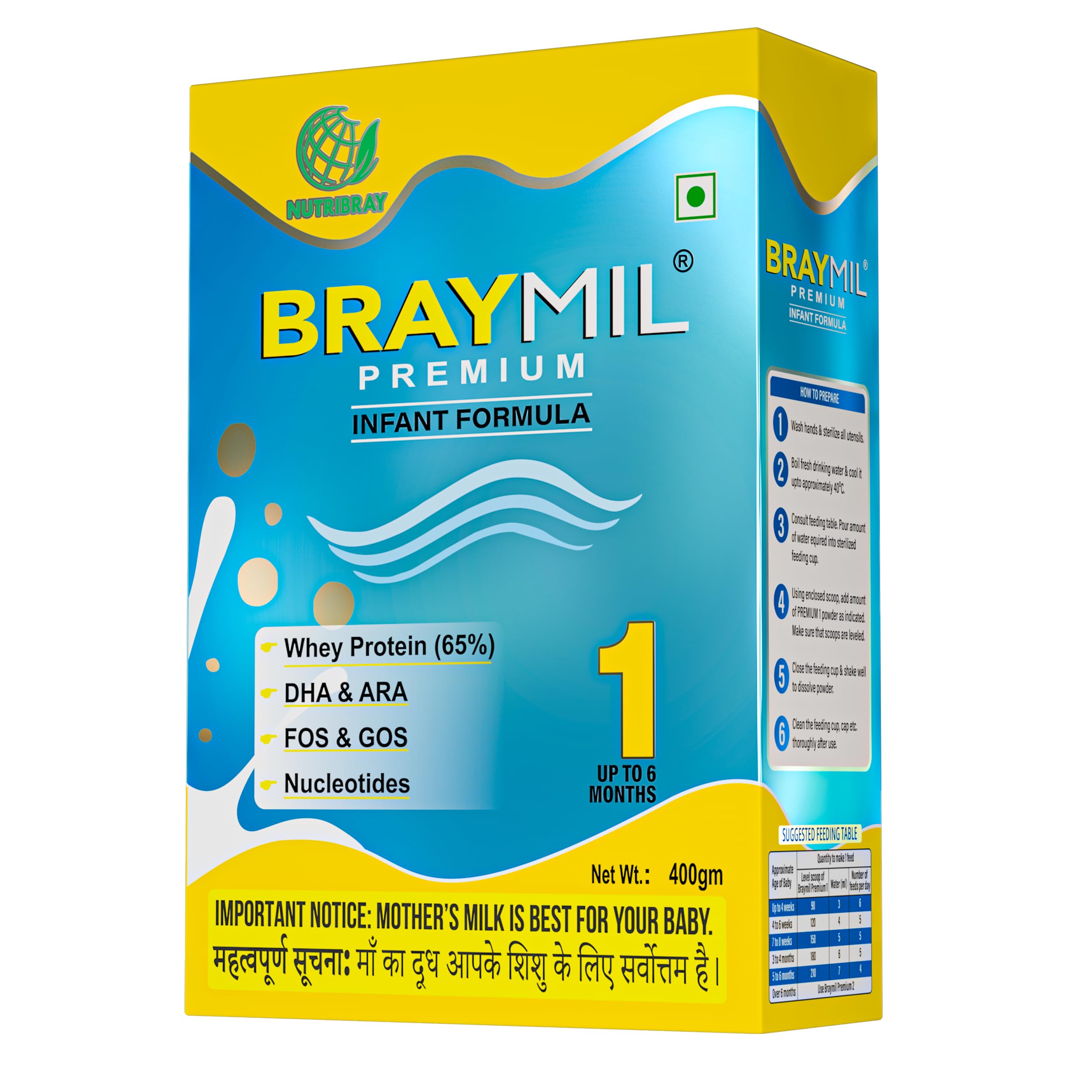 Braymil Premium 1 Infant Formula Stage 1 with DHA, ARA, FOS & GOS – Essential Nutrients for 0-6 Months Babies, 400g Bag in Box – Supports Healthy Growth & Development"