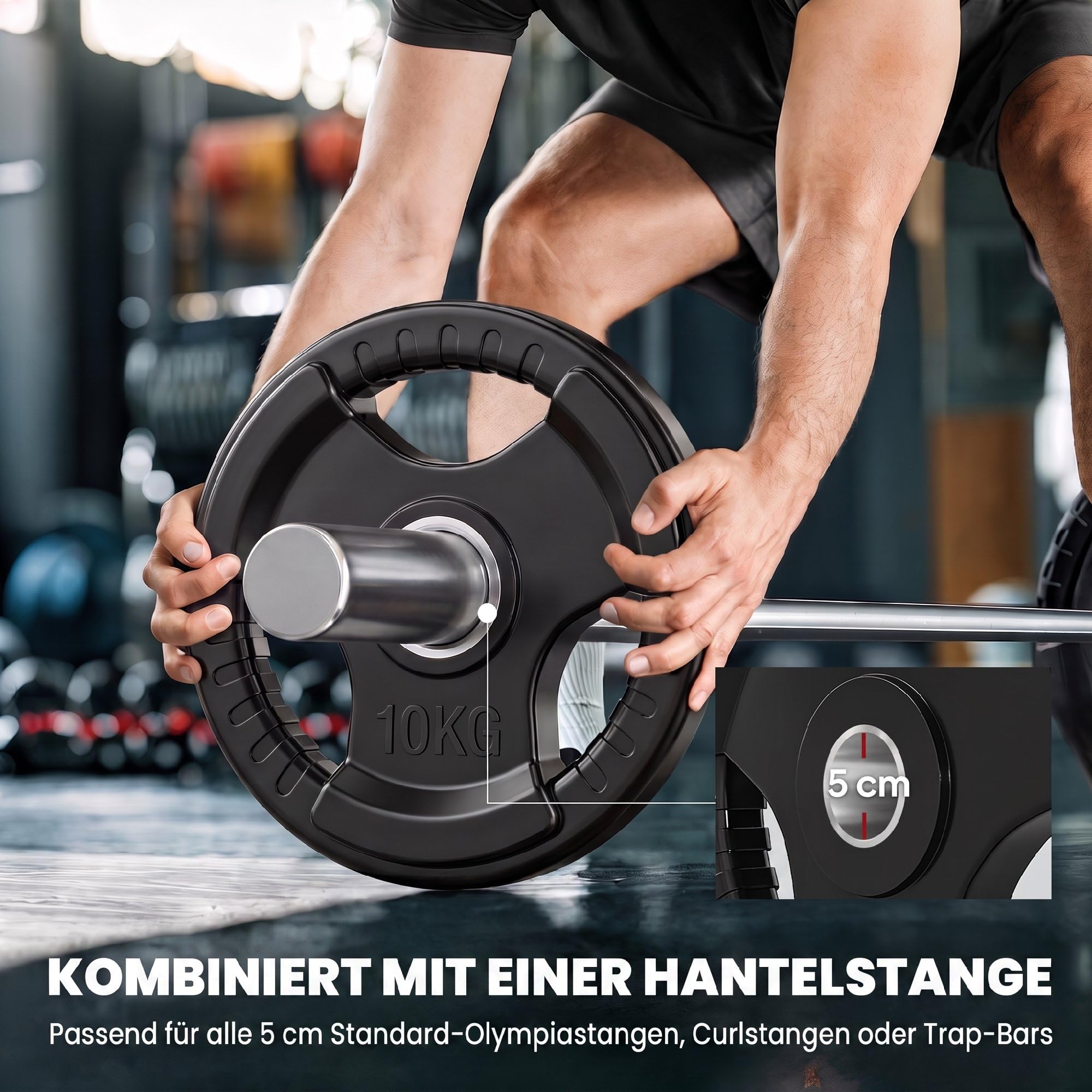 SPORTNOW Hantelscheiben 2er-Set, Tri-Grip gummierte Olympiascheiben, bodenschonender Gewichtsscheiben mit 5 cm Bohrung, drei Griffen, für Gewichtheben, Krafttraining