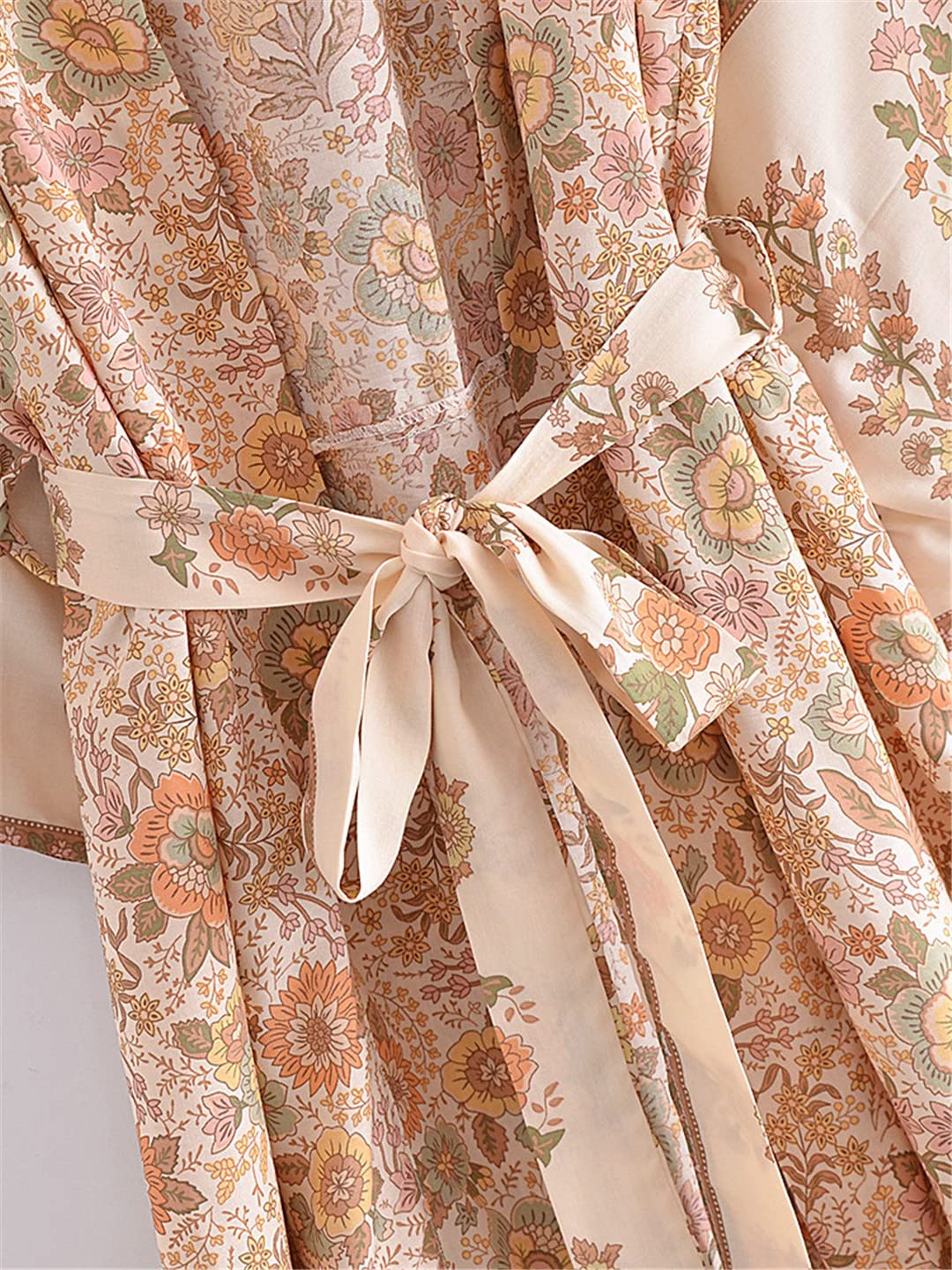Dninmim Kimono long en coton imprimé floral pour femme - Style vintage bohème - Manches chauve-souris, Comme indiqué sur la photo, M