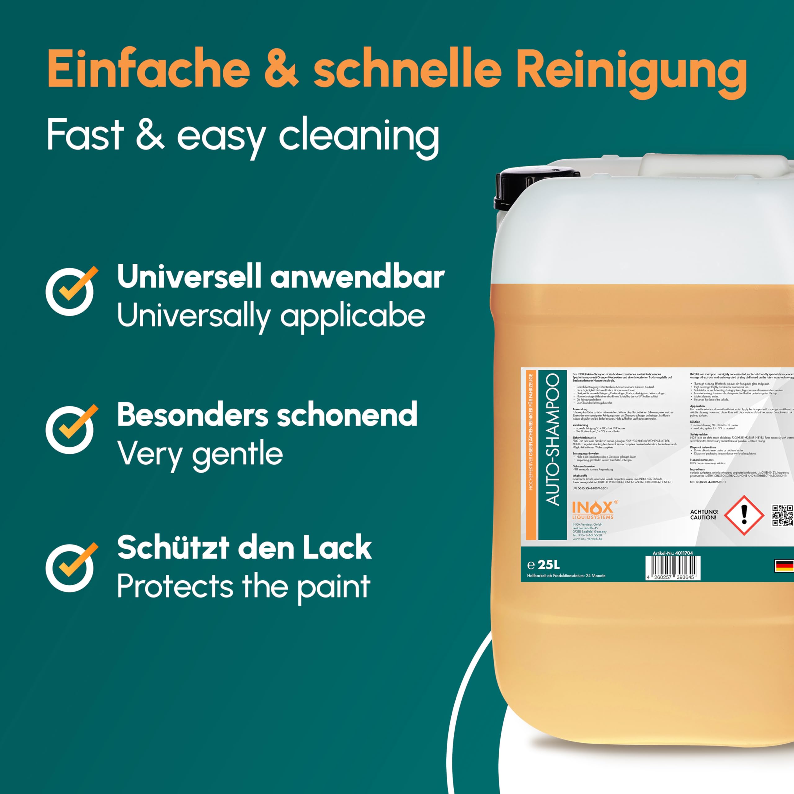 INOX® - Nano Line Autoshampoo Konzentrat im 25L Behälter | Autoreiniger für PKW, LKW, Wohnmobil und Motorrad | Autoshampoo für Hochdruckreiniger | Sanfte Reinigung