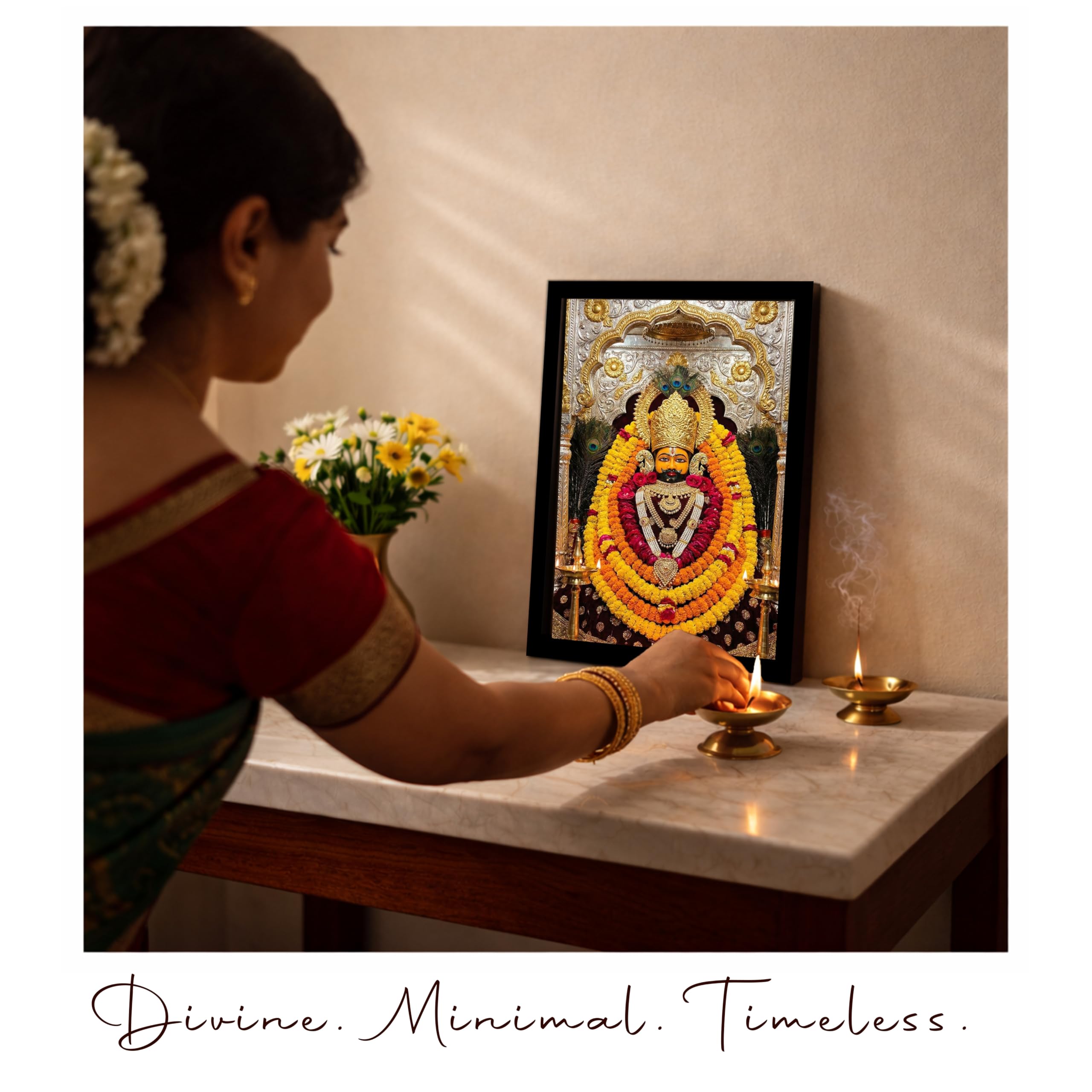 Art Street Khatu Shyam Baba Photo Frame for Home Temple Decor, Devotional Religious Photo Frames, Pooja Room Wall Frame with Floral Garland Design for Living Room, Prayer Space & Spiritual Gifting 1