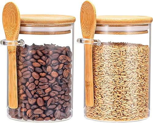 Recipientes herméticos de almacenamiento de alimentos, recipiente de vidrio con cuchara y tapas de madera, tarros de 20 onzas para servir sal de