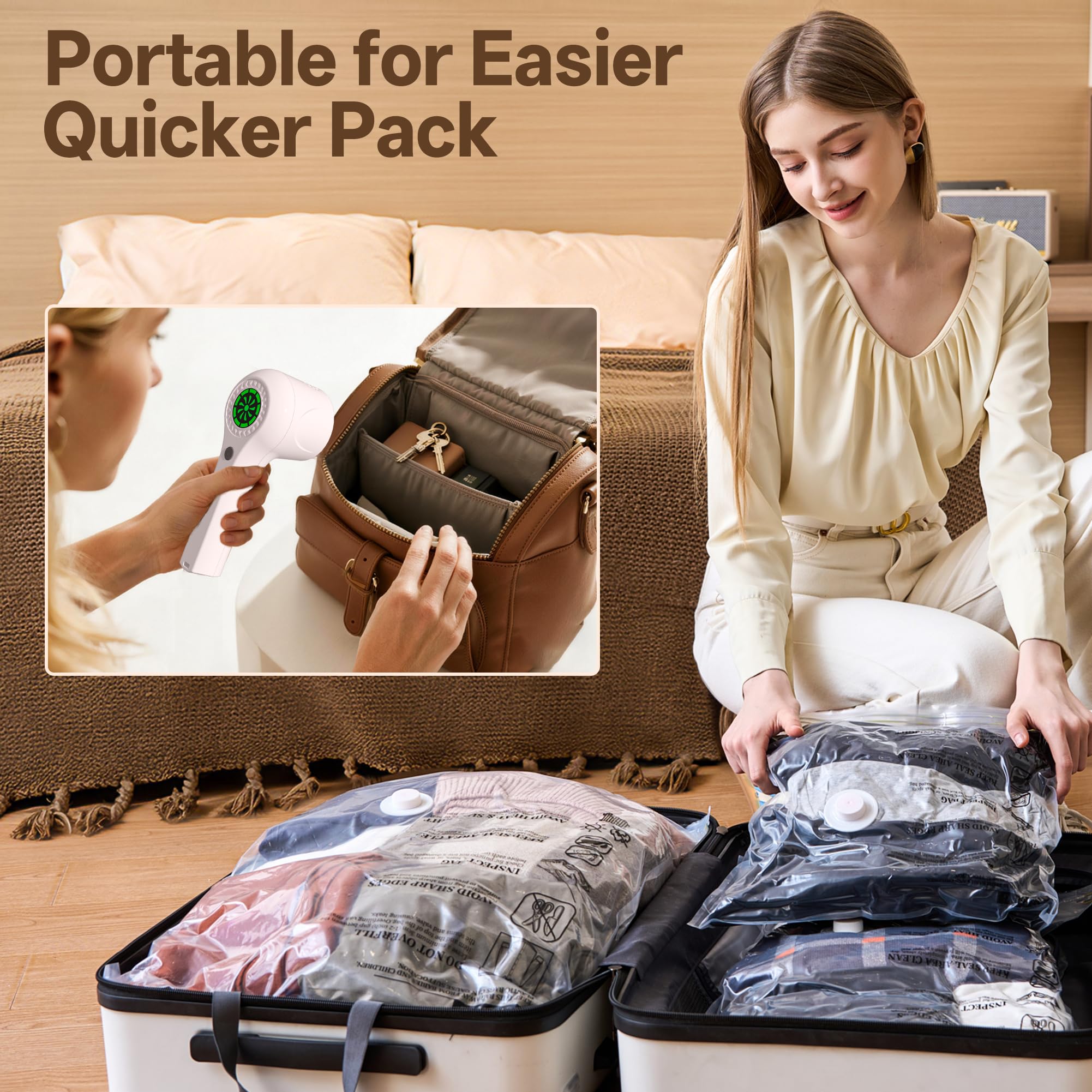 Bolsa de almacenamiento al vacío de viaje con bomba inalámbrica recargable, paquete de 15 bolsas de sellado al vacío para ahorrar espacio para ropa, equipaje y maleta, embalaje de compresión