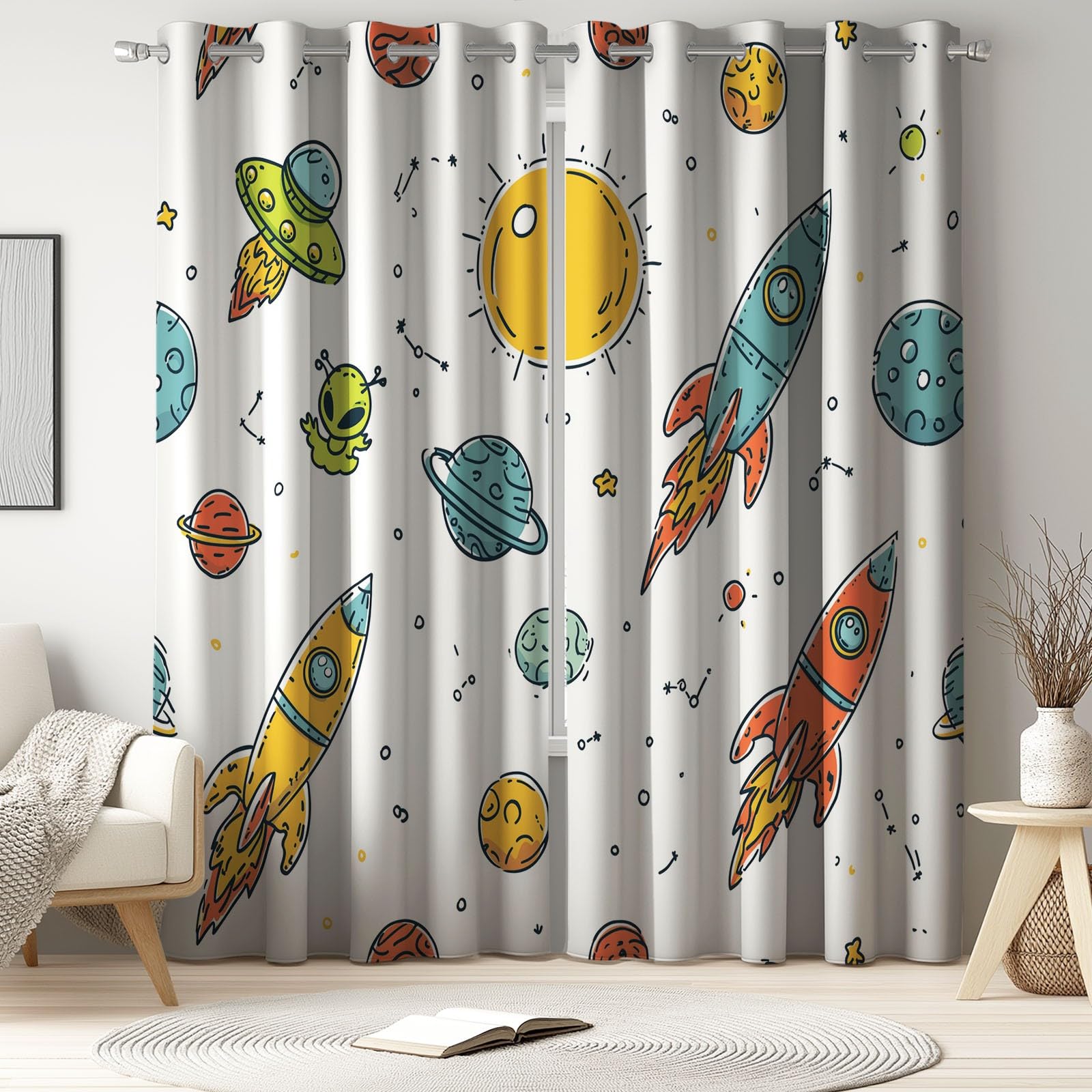 Space Kids Cortinas 95% opacas para oscurecer la habitación, con cohete alienígena, sol, estrellas, universo, tema espacial infantil, cortinas de ventana con aislamiento térmico para dormitorio, 52 x