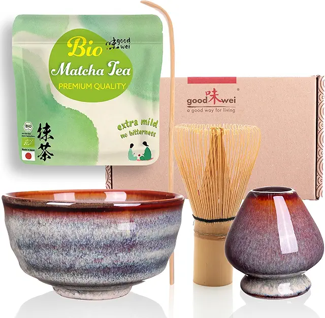 Goodwei Matcha Set with BIO Matcha from Japan - Artistic Bowl, Bamboo Whisk | Gift Set