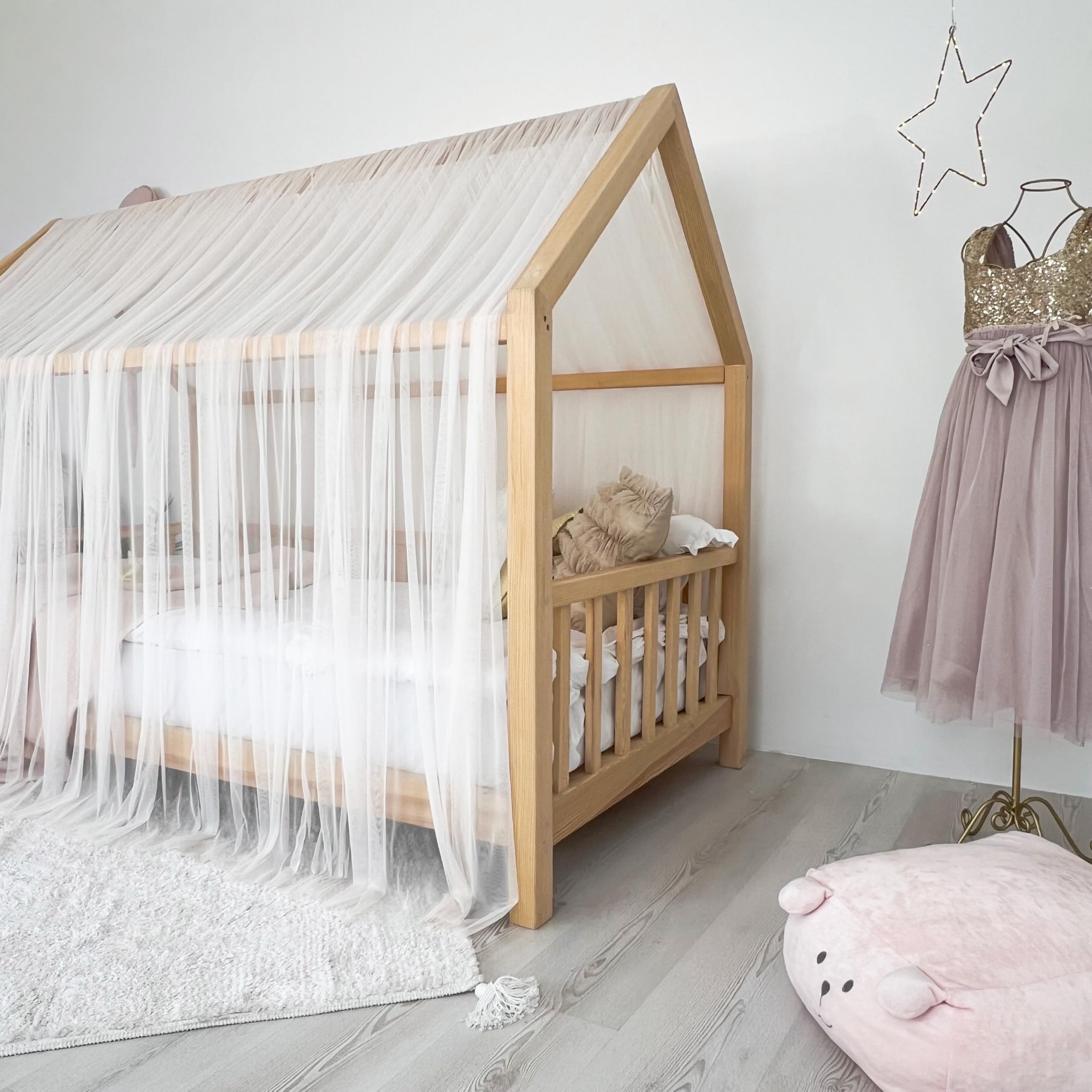Tenda a baldacchino per letto della cameretta dei bambini, decorazione per letto montessori, tenda da gioco in morbido tulle per bambini (rosa vaniglia morbida, 380 cm, set da 4)
