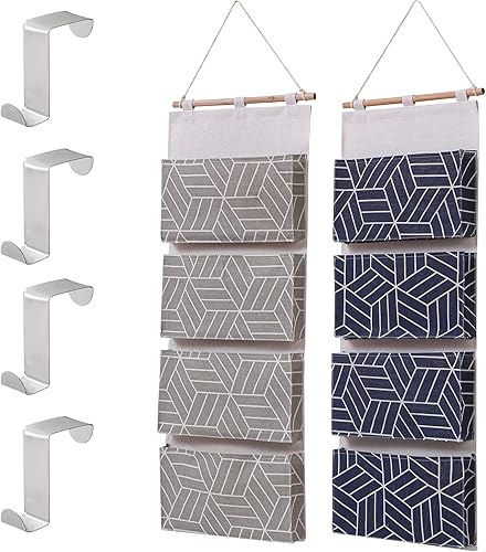 FAYYGYH 3 bolsas de almacenamiento colgantes de 4 bolsillos grandes sobre la puerta, organizador de armario de montaje en pared, tela de lino y