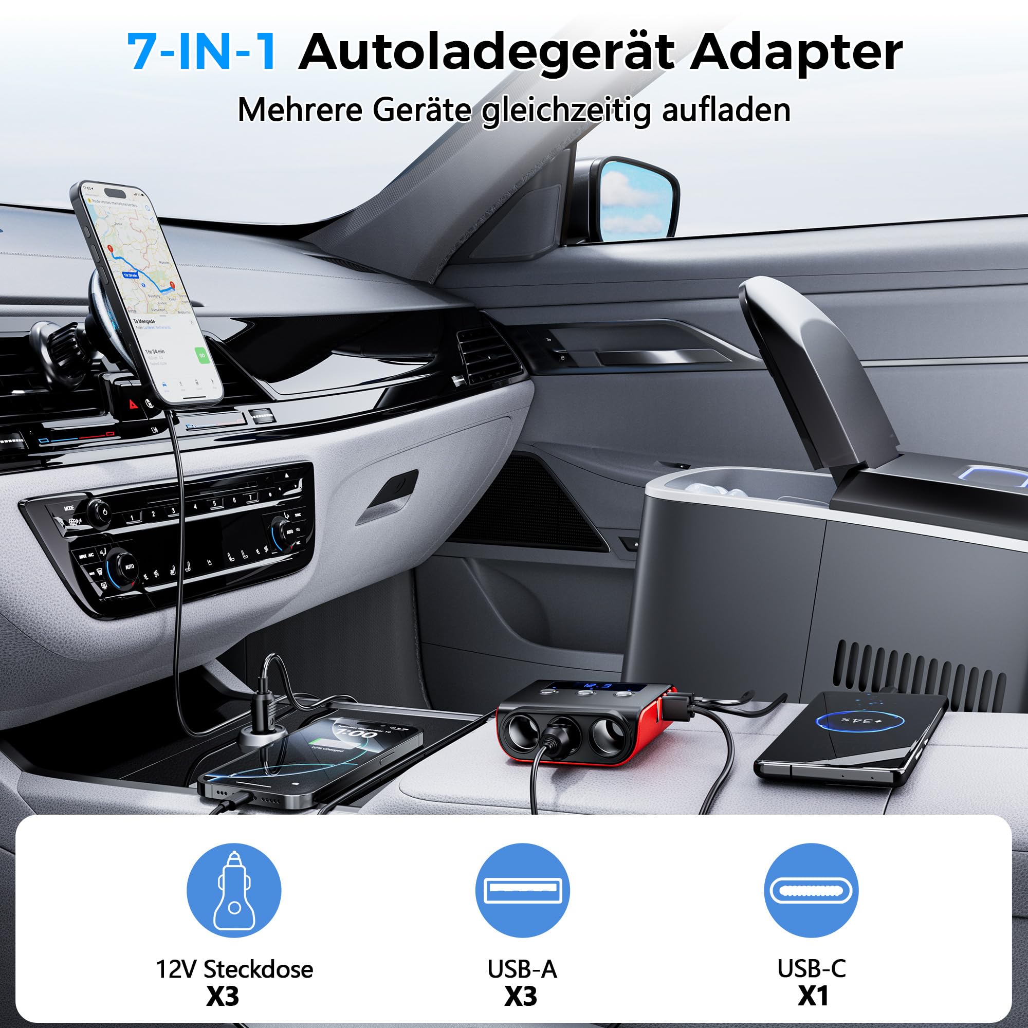 SONRU 180W Zigarettenanzünder Verteiler, 7 in 1 Auto Ladegerät Adapter Kfz, 3 Fach 12V/24V Steckdose mit 45W PD & 3 USB, Autoladegerät Zigarettenanzünder Stecker für iPhone 17/iPad/Dashcam/GPS