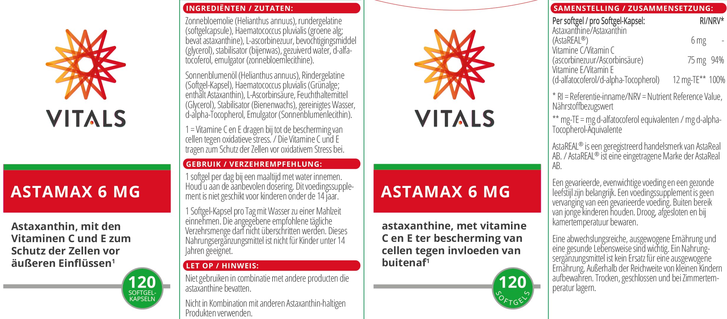 Vitals - Astamax 6mg hohe Dosis Astaxanthin 120 Softgel-Kapseln. Natürliches Astaxanthin aus Algen mit Vitamin C und E. Mit AstaReal vom Astaxanthin-Experten AstaReal