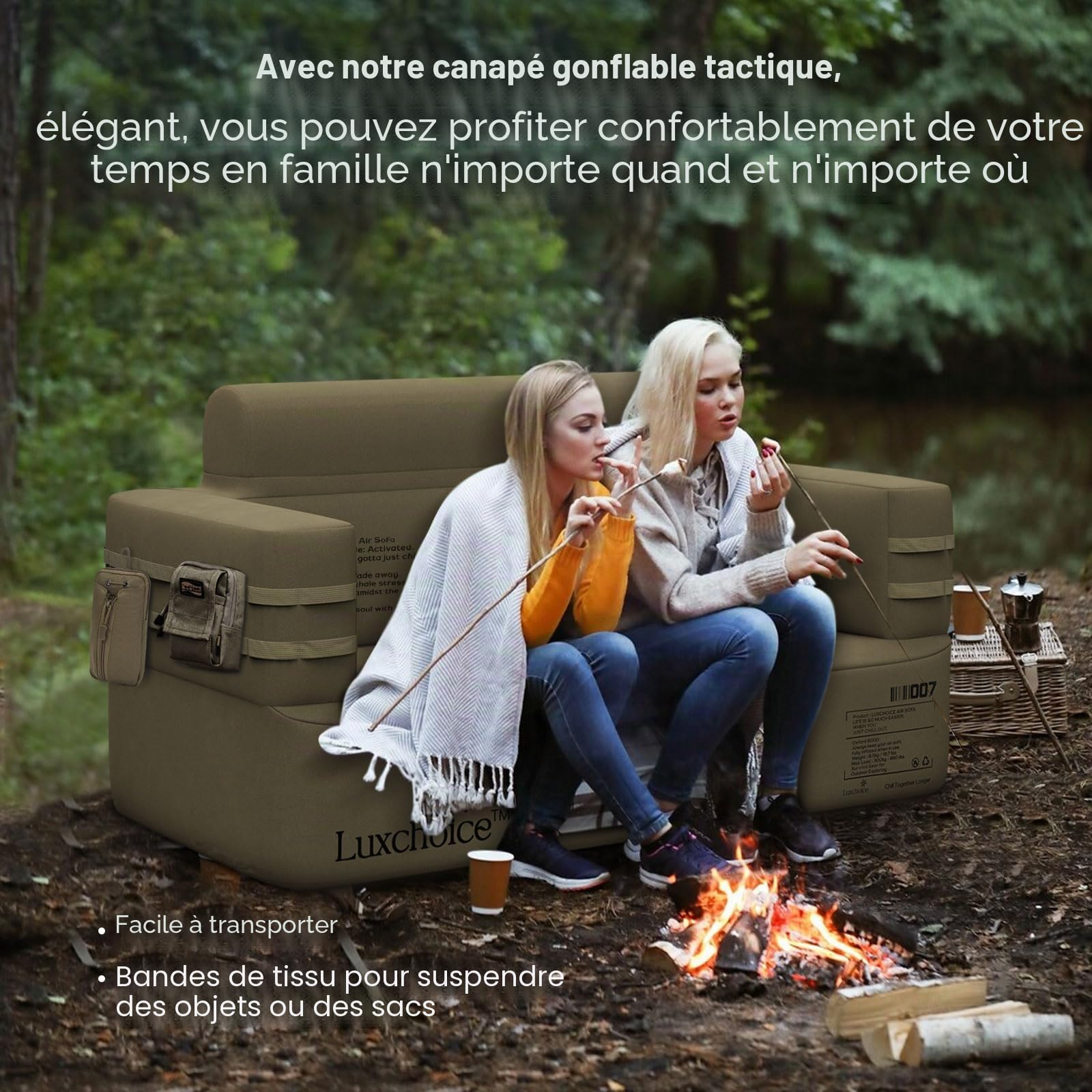Luxchoice Canapé Gonflable Convertible 2 Place avec USB Pompe 400KG Max | Gonflez Pendant 3 à 5 Minutes, Pompe Détachable, Air Sofa Couch 1000D tissu Oxford, Fauteuil de Camping Gonflable Extérieur