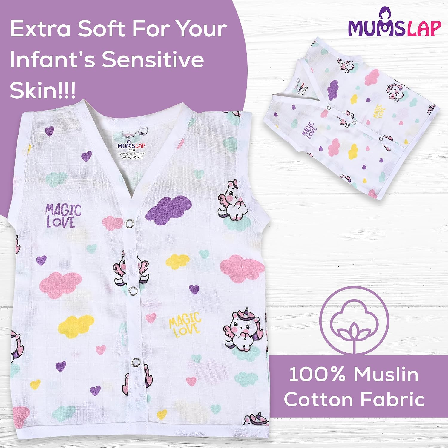 MumsLap Organic Cotton Muslin Jhablas for Boy and Girl New Born to 12 months | Pack of 5 | Beautiful Prints (Unicorn, Koala, Cars, Vegetables and Baloons) | Sleeveless Vest | Baby Shower Gift