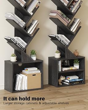 SUNMORY 6 Tier Tree Bookshelf, Tall Small Bookcase with Storage Cabinet