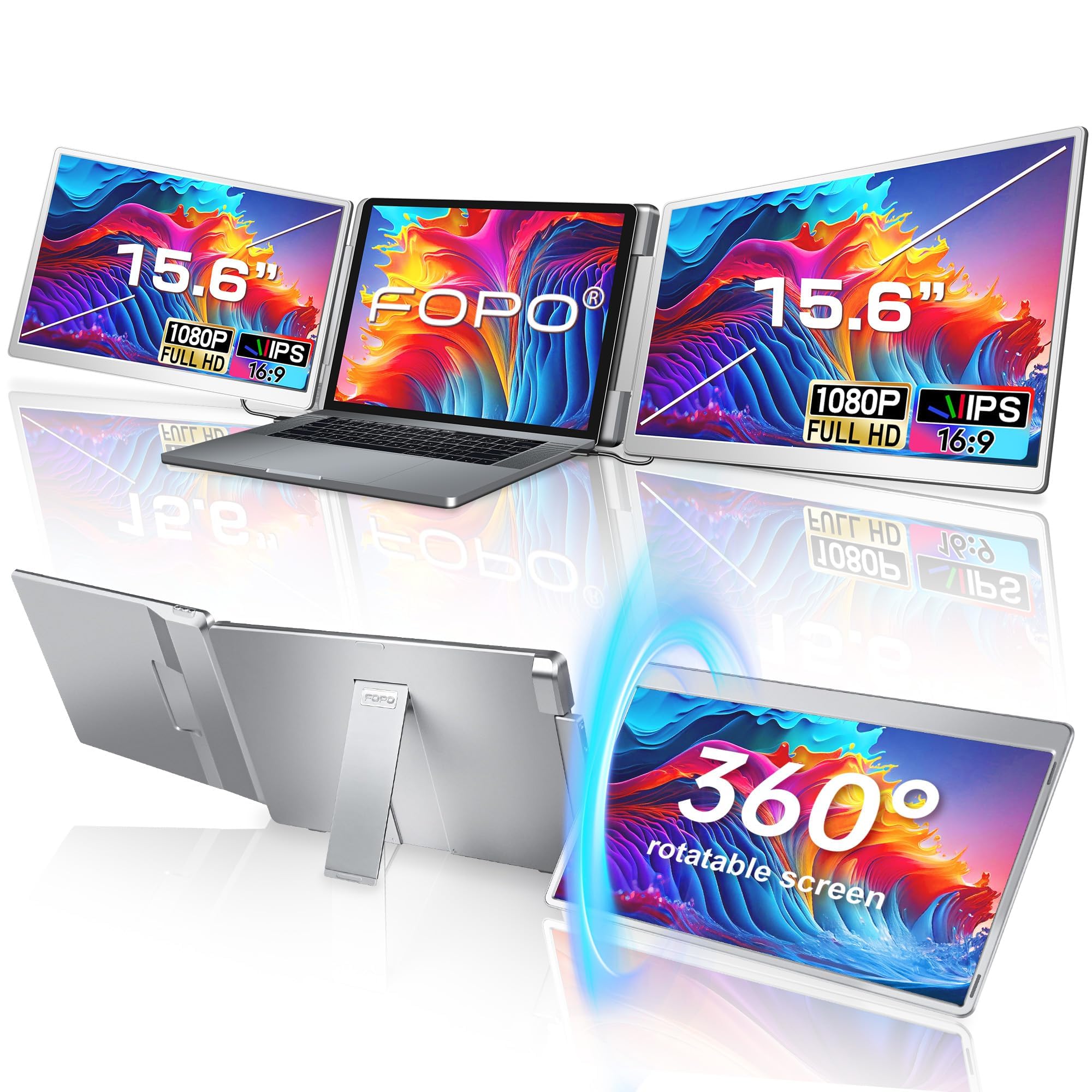 FOPO 15.6 Triple Laptop Screen Extender, Left Screen 360° Rotation Laptop Monitor Extender, Plug and Play Triplp Monitor for 13-17" Laptops with USB-C/HDMI, for Windows/Mac(M1/M2/M3) Pro/Max - S10