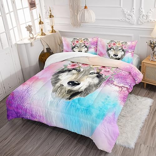 Miniatura 2 de Juego de edredón de lobo, juego de ropa de cama de lobo teñido anudado para niños y adolescentes, decoración romántica de animales salvajes rosa