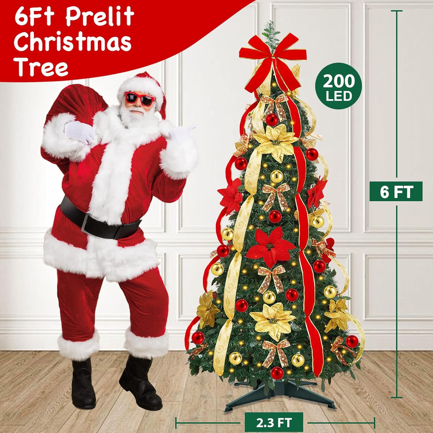 [ 8 Modes & Timer ] 6 Ft Prelit Full Pop Up Christmas Tree with 200 Warm White LED Lights, Ornaments, Red & Gold Ribbon, Bows, Plug in Collapsible Christmas Trees Outdoor Indoor Christmas Decor