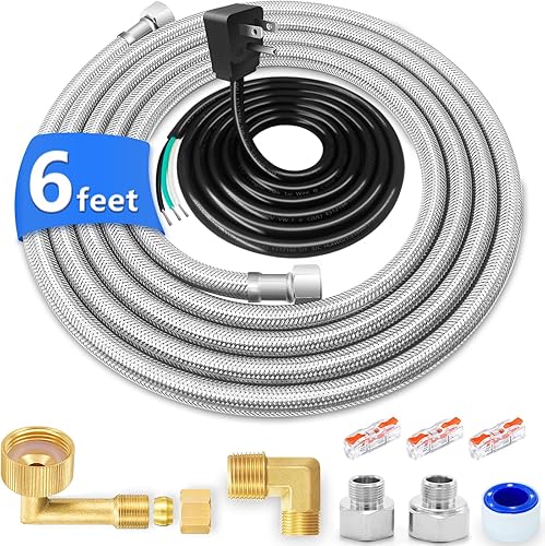 Kit de instalación para lavaplatos – Manguera de acero inoxidable de 6 pies para lavavajillas con conexiones de compresión de 3/8 pulgadas, tubo