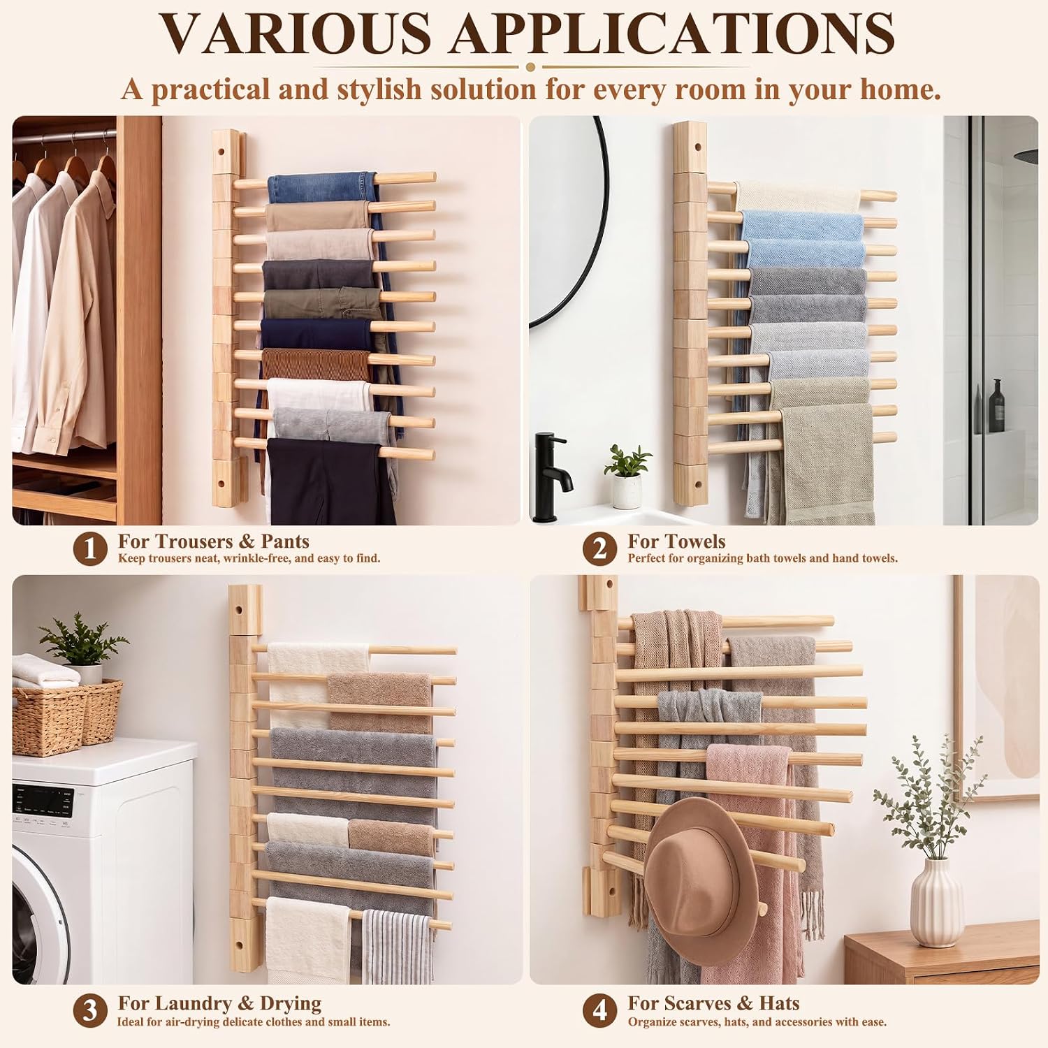 Yookeer Wall Mounted Wooden Trouser Rack 10-Rod 13.8In Wooden Poles Hanging Organizer Rotatable Pants Rack Folding Clothes Storage Saving Space Swivel Pants Hanger for Closet Bathroom Laundry Room