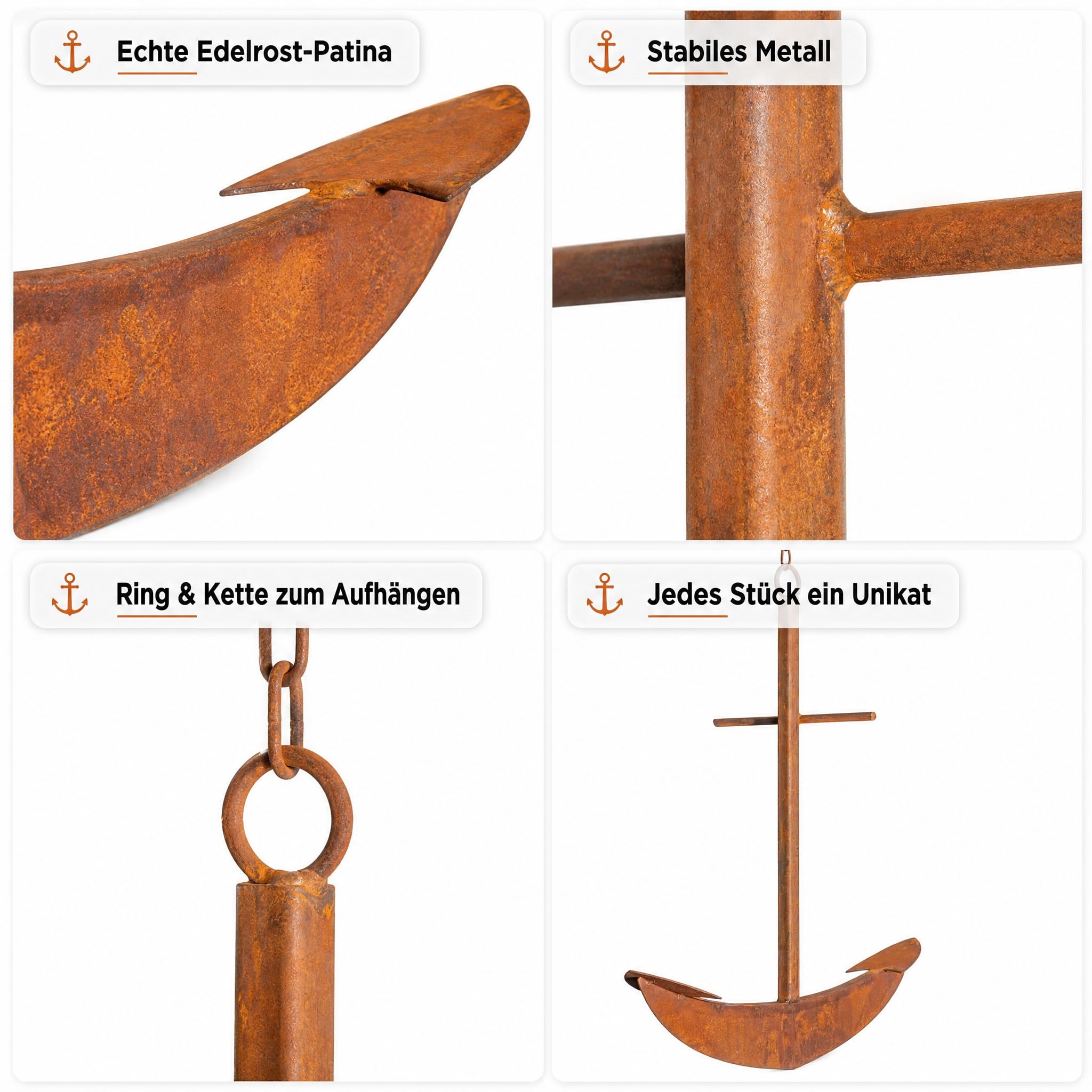 Maritime Deko Anker aus Metall mit Kette, Wanddeko Metall für Innen & Außen, Edelrost-Optik, Rustikales Gartendeko-Highlight zum Aufhängen, 63 x 51 cm, ca. 2 kg