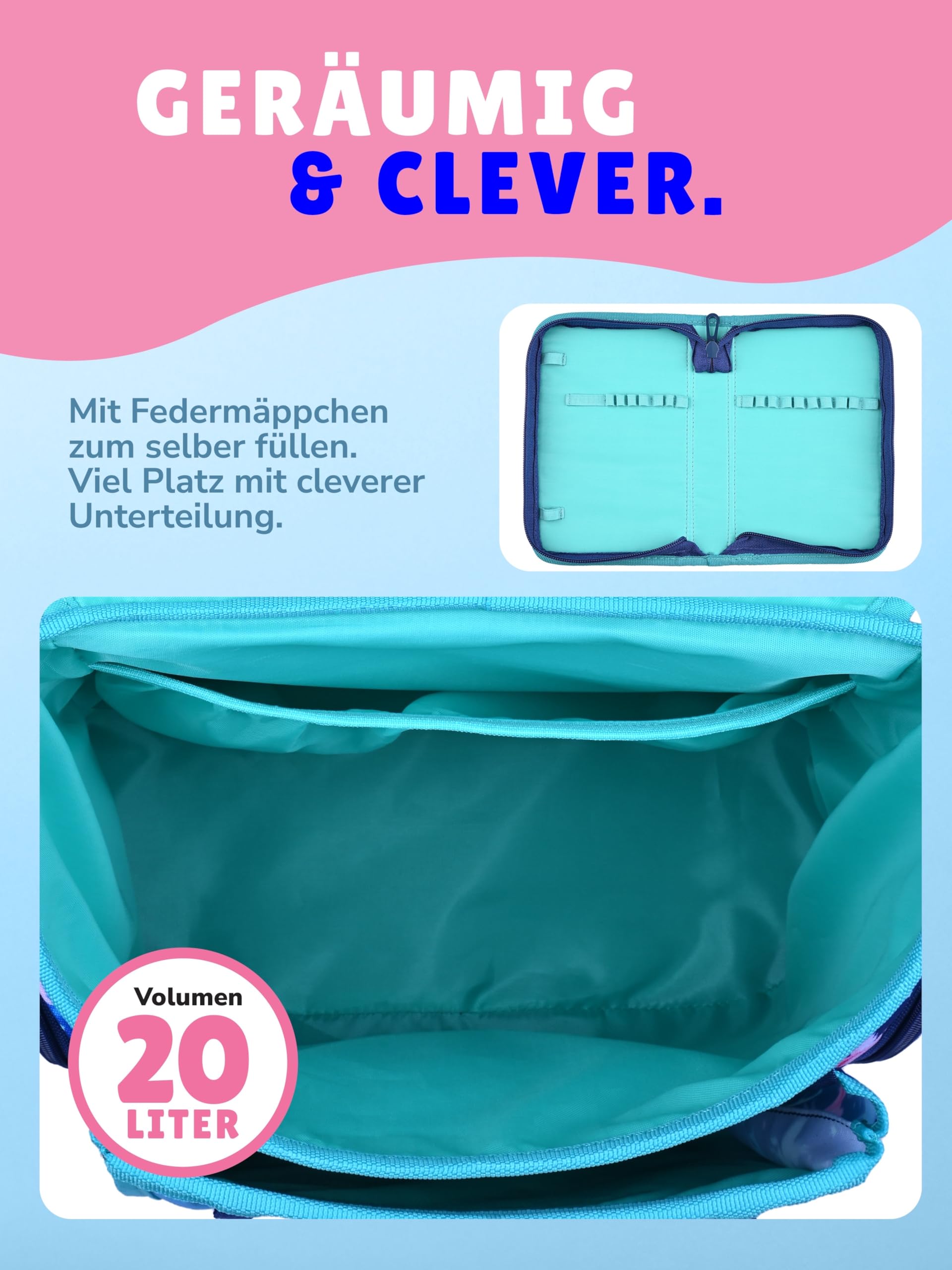 Familando - Premium Schulranzen Set - 6-teilig mit Sporttasche - Unicorn (Einhorn) - Ergonomisch, stabil & mit gepolstertem Rücken - 1000g - 20L Volumen - Mit Reflektoren - ab 1. Klasse