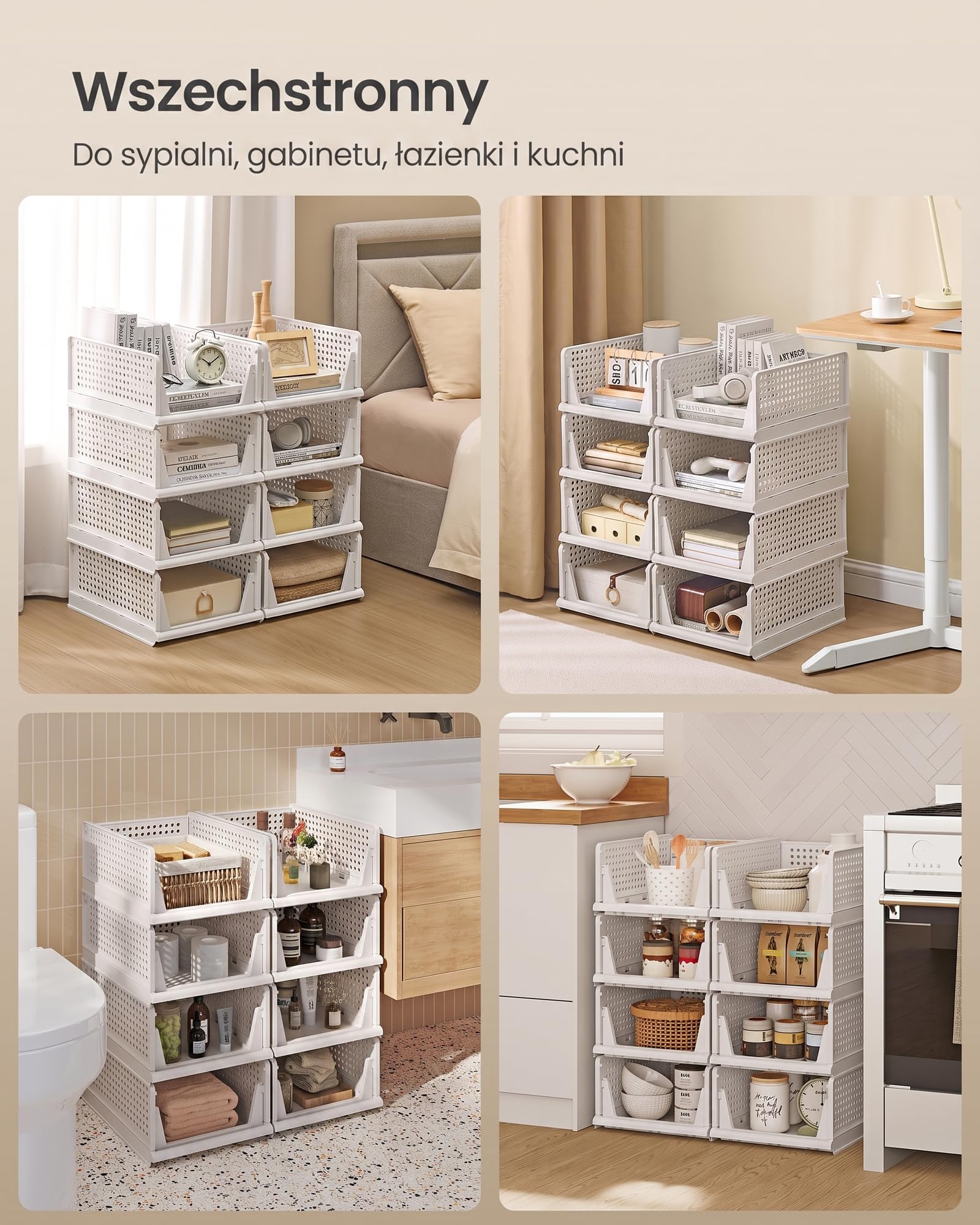 SONGMICS Organizery do Szafy, Zestaw 8, Wysuwane Kosze, 33 x 43 x 18,5 cm | Plastikowe Pojemniki do Przechowywania, Składane i Sztaplowane, Biały, Kolekcja DENNYS LPC800WZ01