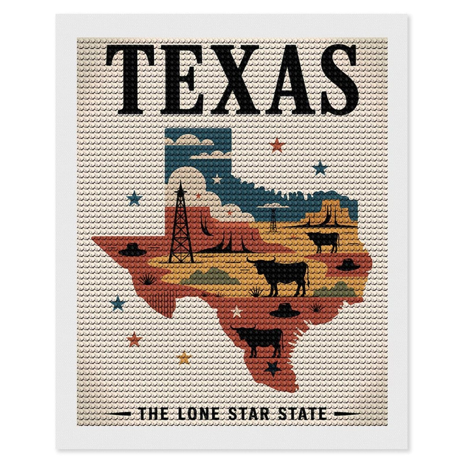 Junmoney Texas The Lone Star State Illustration Diamond Painting Canvas Kit 16"x20", Round Gems, Living Room Decor, Seasonal Gift Choice, Modern Decor