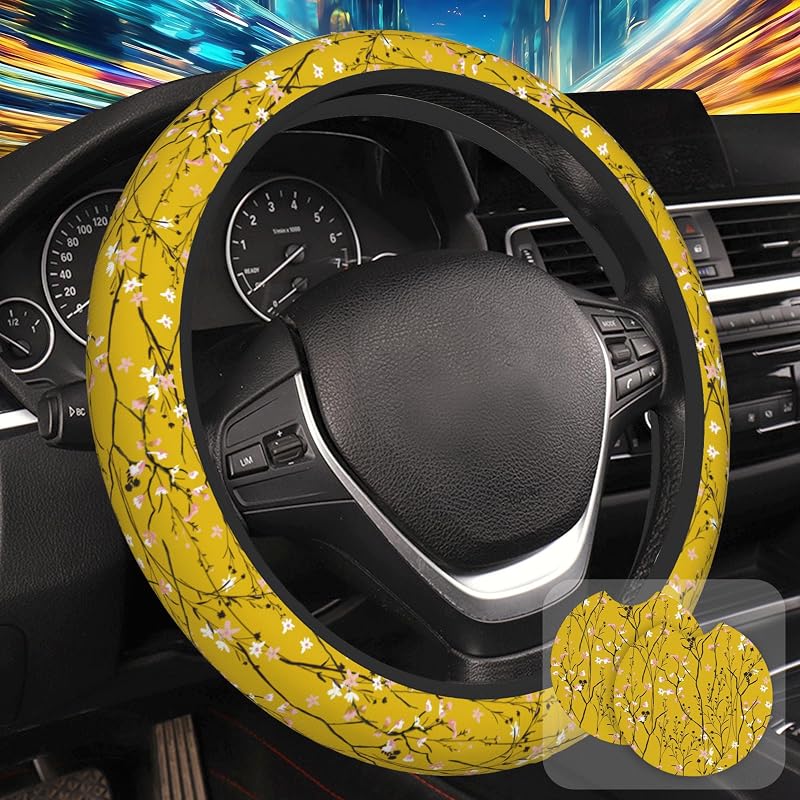 Capa para Volante Mutziby Amarela com Estampa Floral Botânica em Neoprene para Volante de 38,1 cm com 2 Descansos para Copos