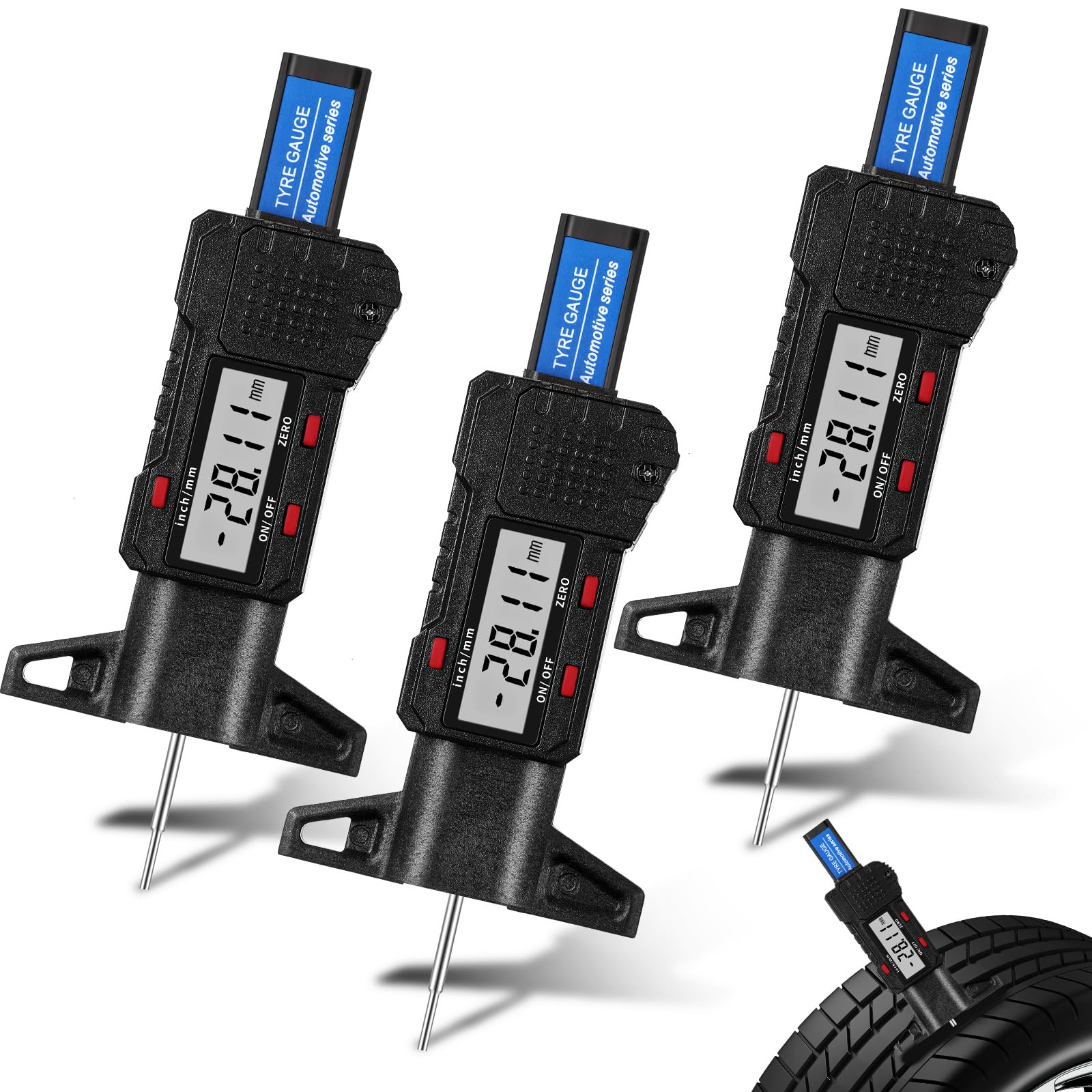 Frienda 3 Pieces Tire Tread Depth Gauge Tool Digital Tire Tread Depth Gauge LCD Display Tread Checker with Inch and MM Conversion for Motorcycle, Car,