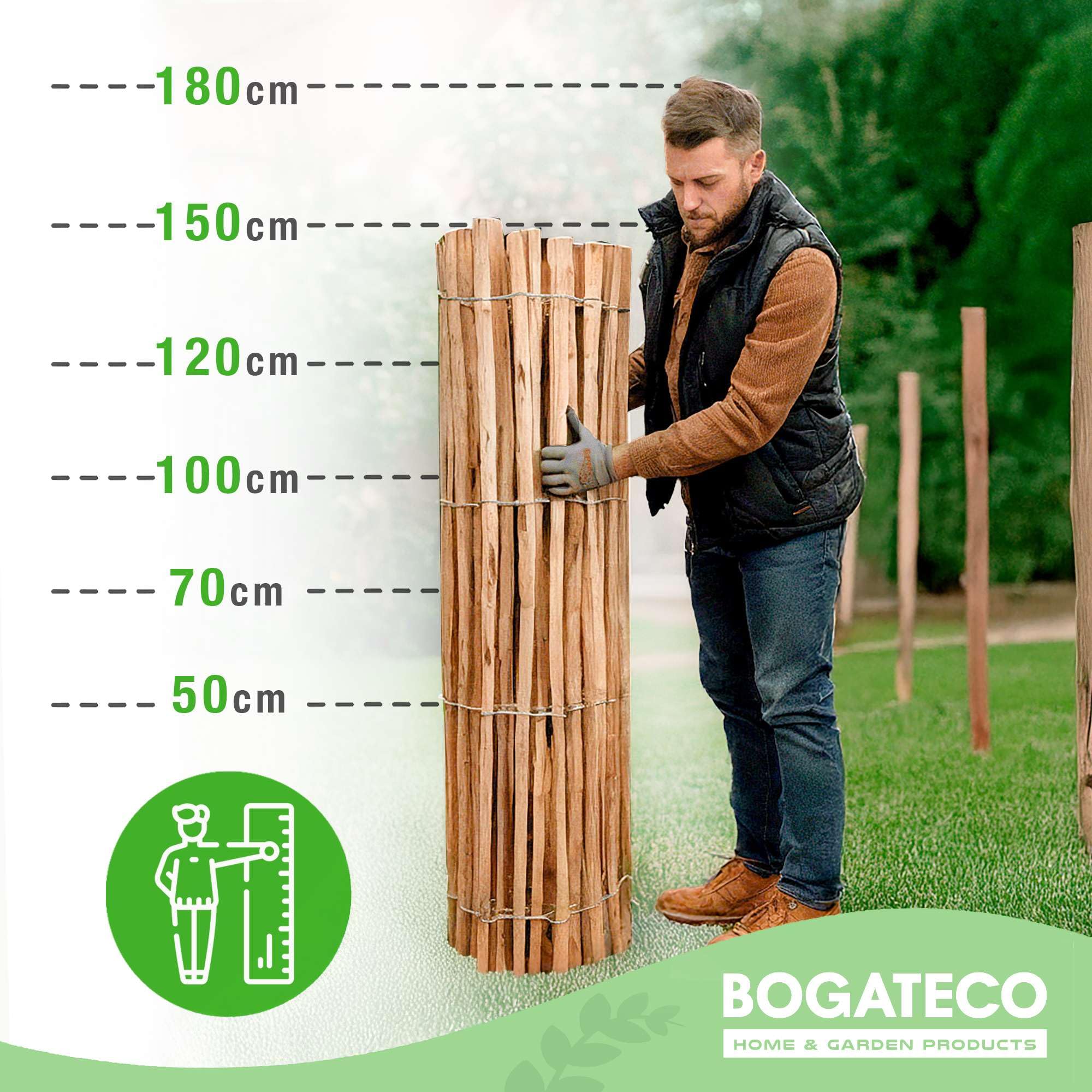BOGATECO Clôture ganivelle à Lattis Noisetier Bois | 100 cm de Hauteur et 500 cm de Long | Distance entre Lattes 4-5 CM | Clôture de Jardin | Peut être Utilisé Comme de Support pour les Vignes