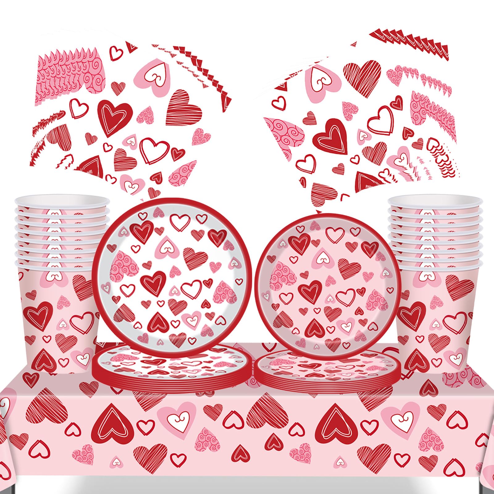 69 Stuks Valentijnsdag Servies Set Rood Hart - Papieren Borden, Bekers, Servetten En Tafelkleed